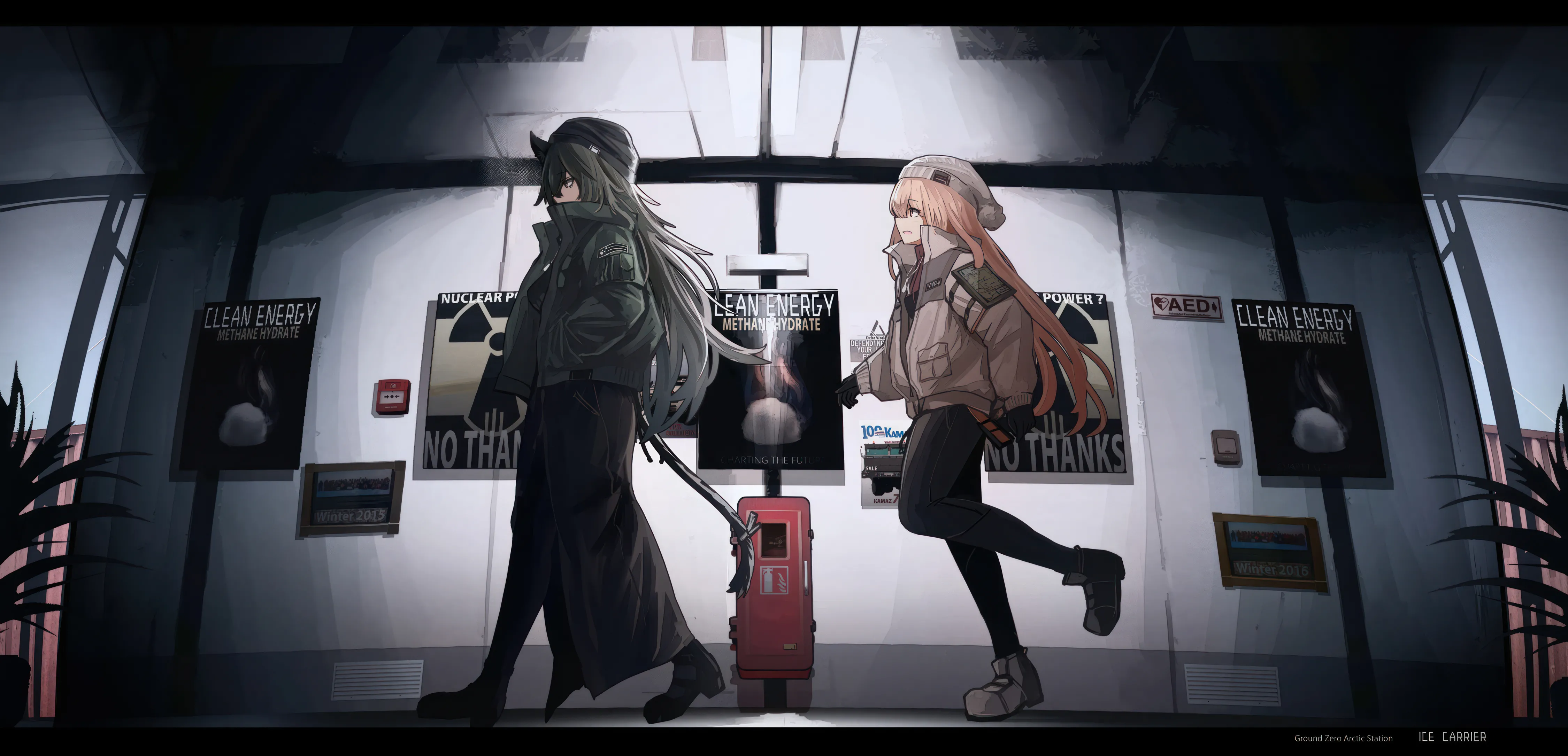 2girls,bangs,bag,hands_in_pockets,coat,multiple_girls,jacket,indoors,hat,very_long_hair,hand_in_pocket,holding,suitcase,beanie,horizontal,grey_hair,letterboxed,skirt,alternate_costume,standing,pink_hair,english_text,pants,beret,pantyhose,long_hair,long_sleeves,shoes,black_hair,black_headwear,black_pants,black_footwear