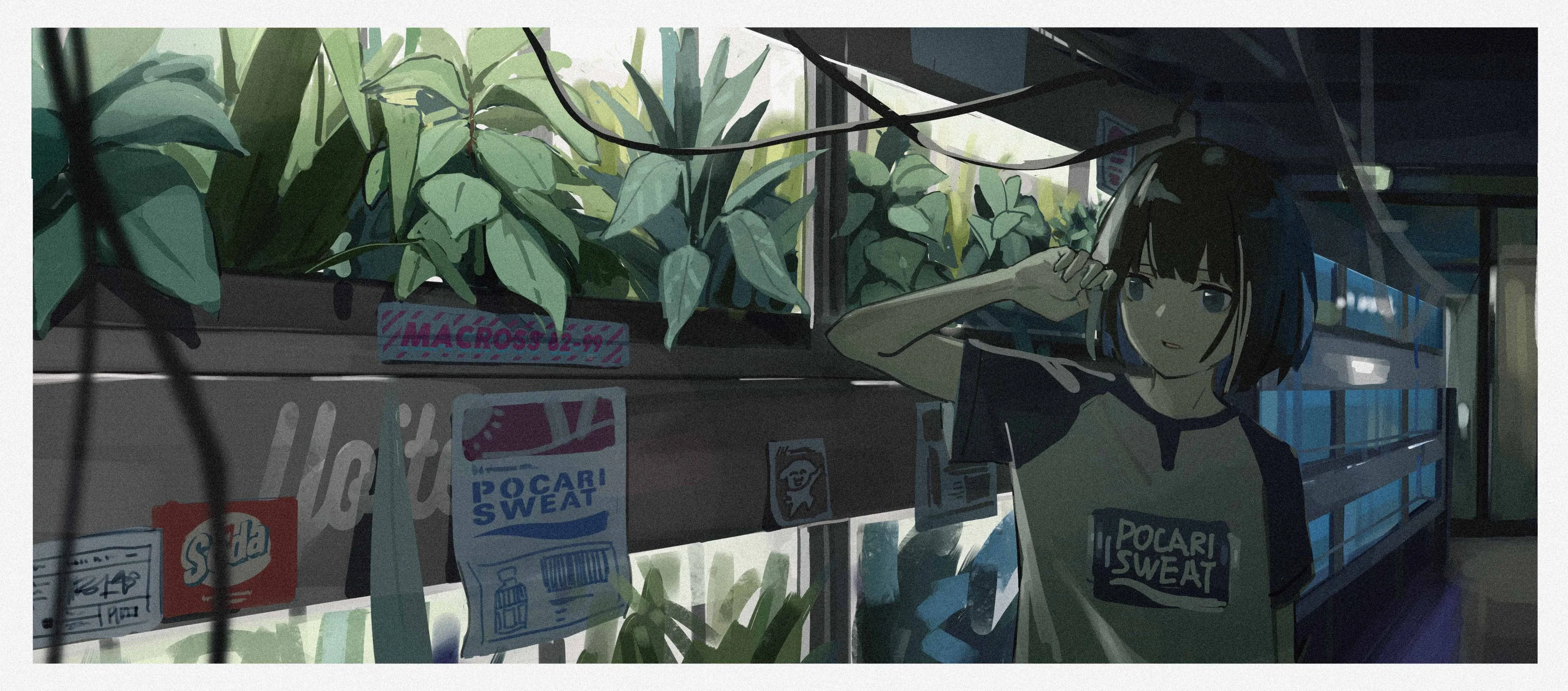 1girl,t-shirt,upper_body,sign,bangs,solo,leaf,hand_up,raglan_sleeves,plant,horizontal,bob_cut,looking_at_viewer,short_hair,short_sleeves,blue_eyes,shirt,border,scenery,black_hair