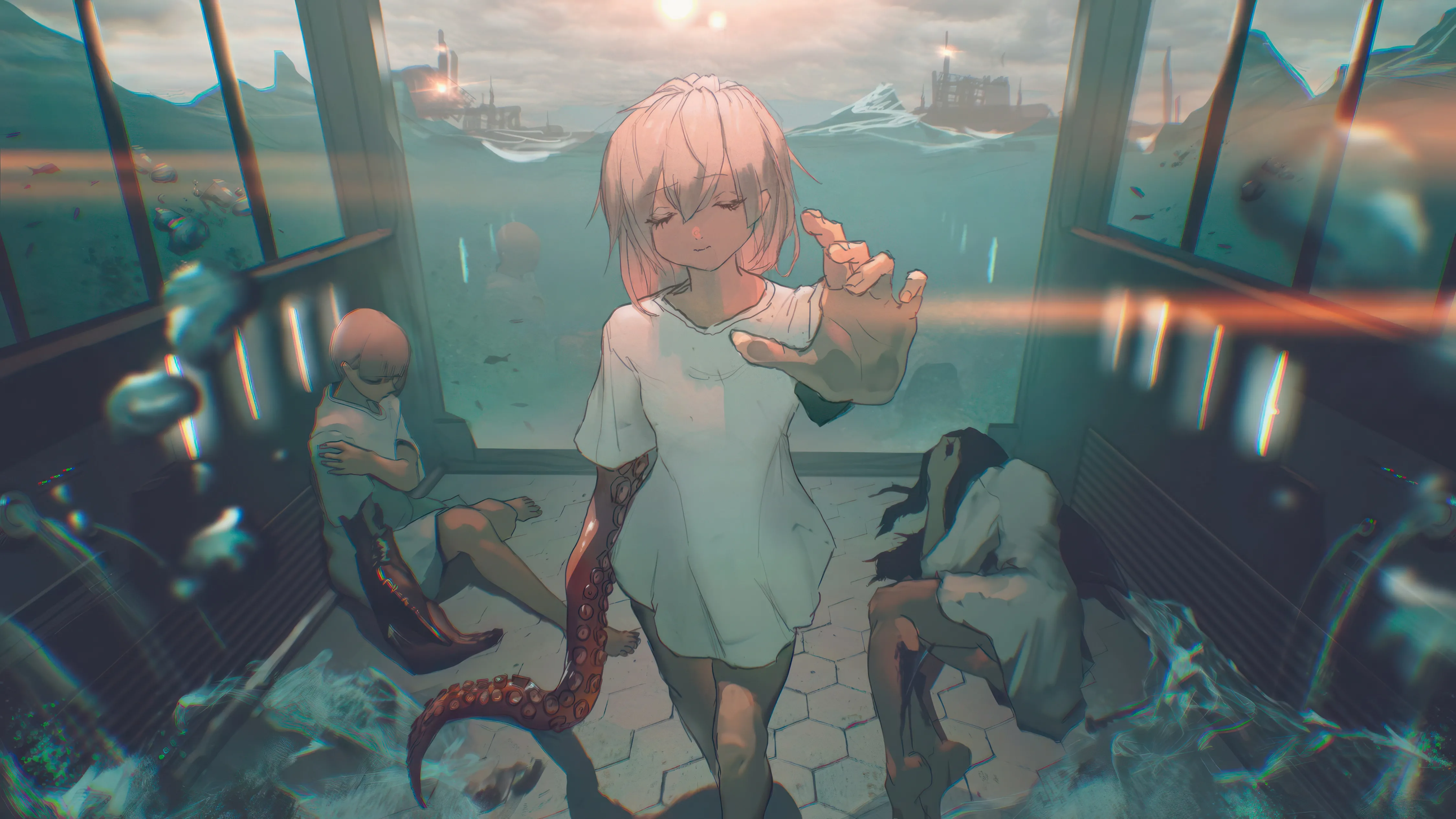 cloud,closed_eyes,reaching_towards_viewer,closed_mouth,sitting,multiple_girls,sky,sun,building,outdoors,blurry,horizontal,water,ocean,white_shirt,short_hair,short_sleeves,standing,octopus,watercraft,chromatic_aberration,shirt,tentacles,fish