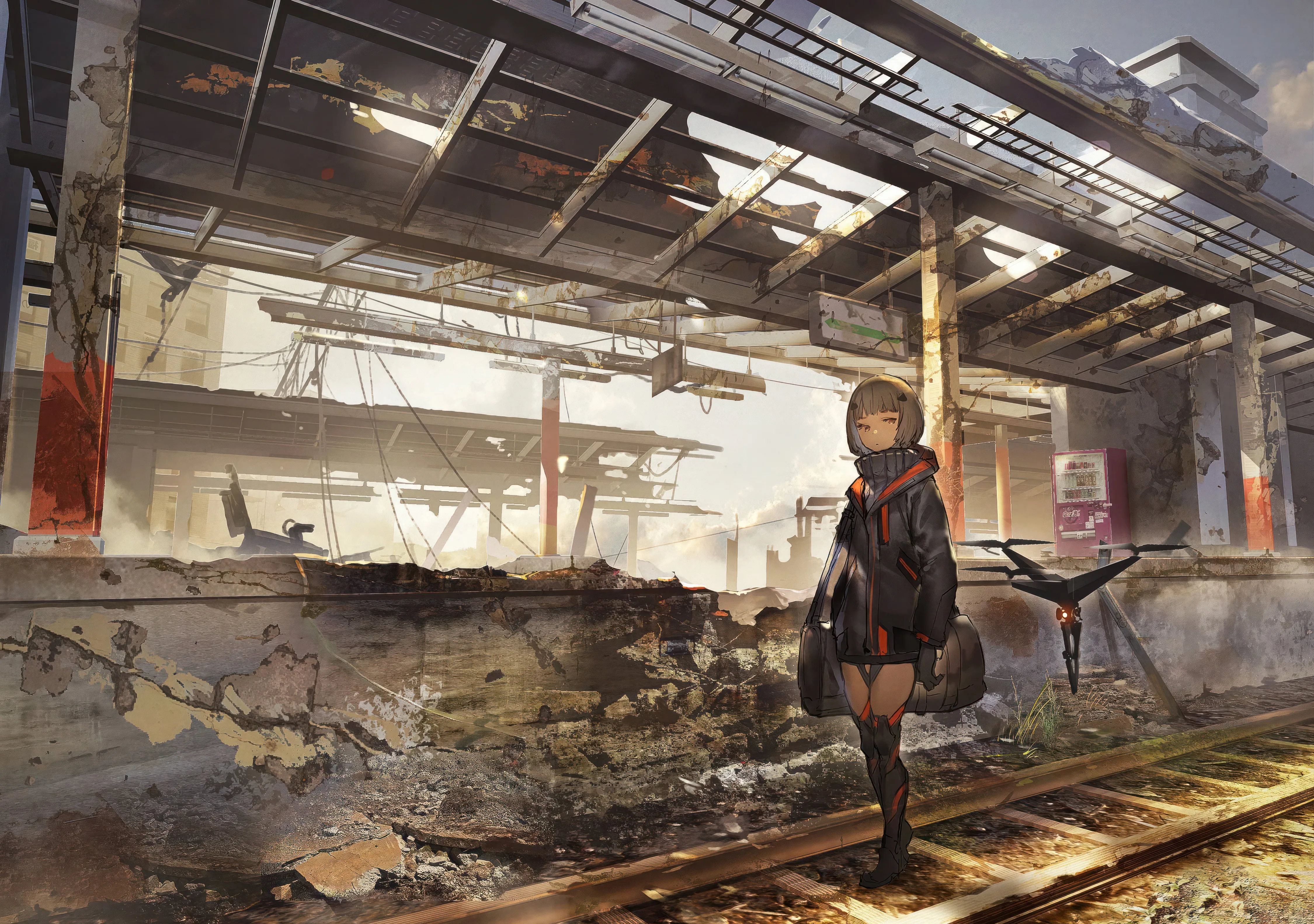 1girl,animal_ears,bangs,bag,solo,knee_boots,jacket,tail,ruins,outdoors,brown_hair,brown_eyes,horizontal,fox_tail,looking_at_viewer,short_hair,science_fiction,standing,open_clothes,thighhighs,boots,scenery,black_jacket,black_footwear