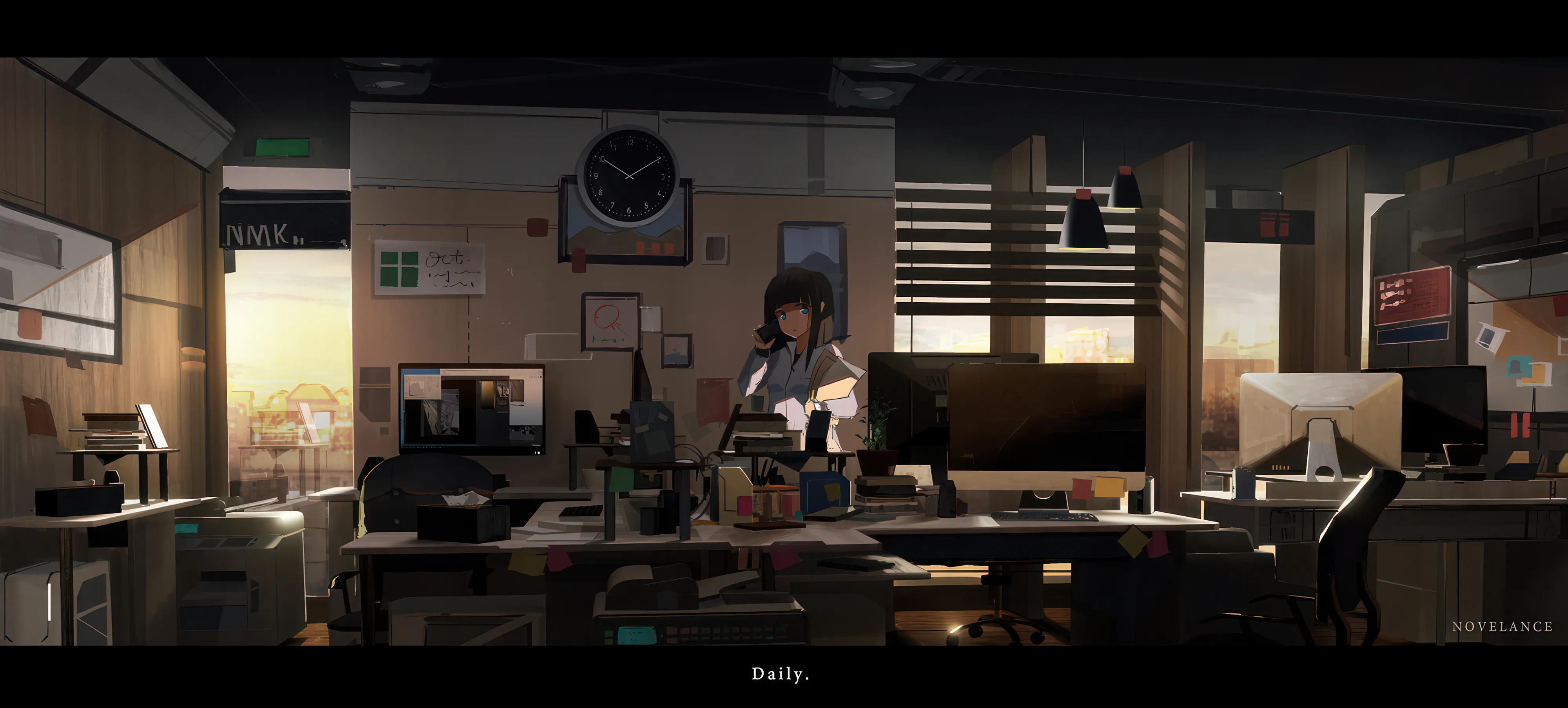 1girl,book,desk,artist_name,bangs,office_chair,solo,desk_lamp,sitting,headphones,indoors,phone,holding,wall_clock,clock,monitor,cup,table,chair,horizontal,lamp,cat,letterboxed,white_shirt,looking_at_viewer,window,box,english_text,blue_eyes,shirt,computer,long_hair,sunlight,scenery,black_hair