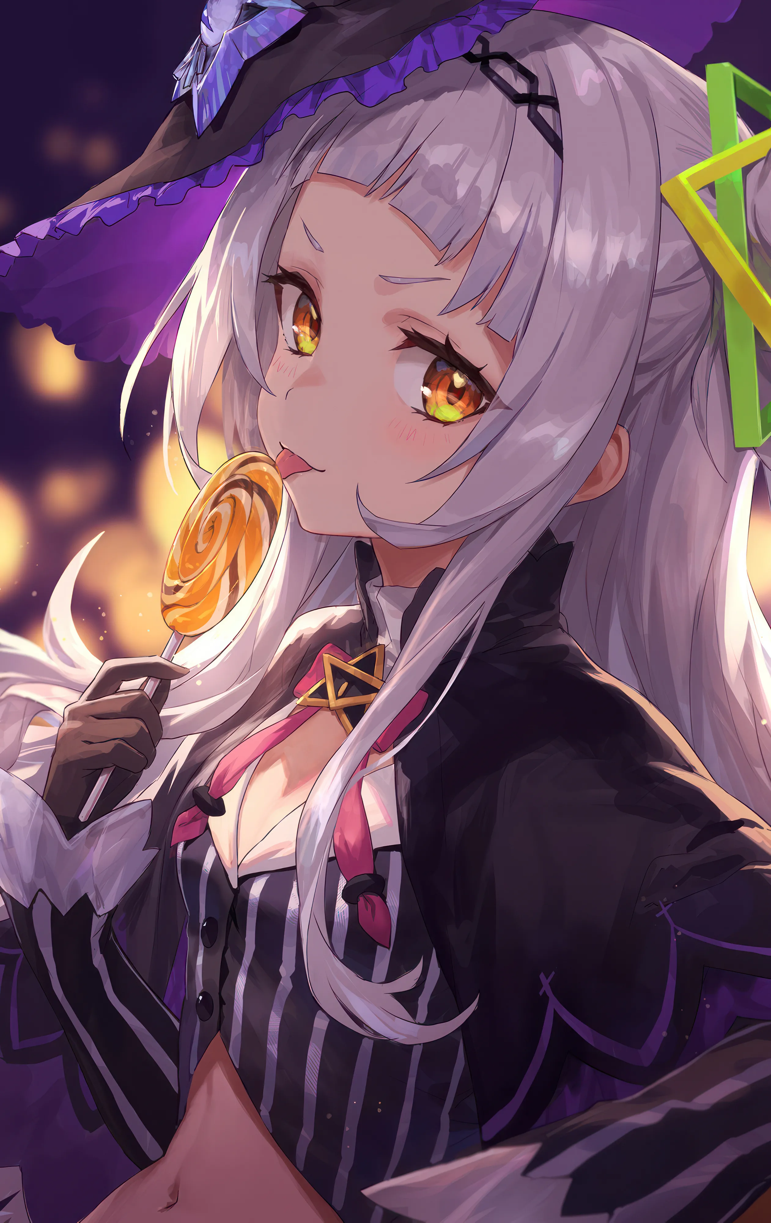 1girl,virtual_youtuber,breasts,cleavage,upper_body,bangs,solo,single_hair_bun,hairband,tongue_out,hair_bun,single_side_bun,hair_ornament,sidelocks,witch_hat,capelet,stomach,hat,gloves,holding_candy,holding,holding_food,pinstripe_pattern,striped,striped_shirt,lollipop,blurry,blurry_background,tilted_headwear,grey_hair,blunt_bangs,v-shaped_eyebrows,looking_at_viewer,vertical,vertical_stripes,vertical-striped_shirt,candy,pinstripe_shirt,navel,blush,tongue,licking,shirt,small_breasts,long_hair,long_sleeves,midriff,crop_top,cropped_shirt,food,yellow_eyes,black_headwear,black_gloves,black_capelet