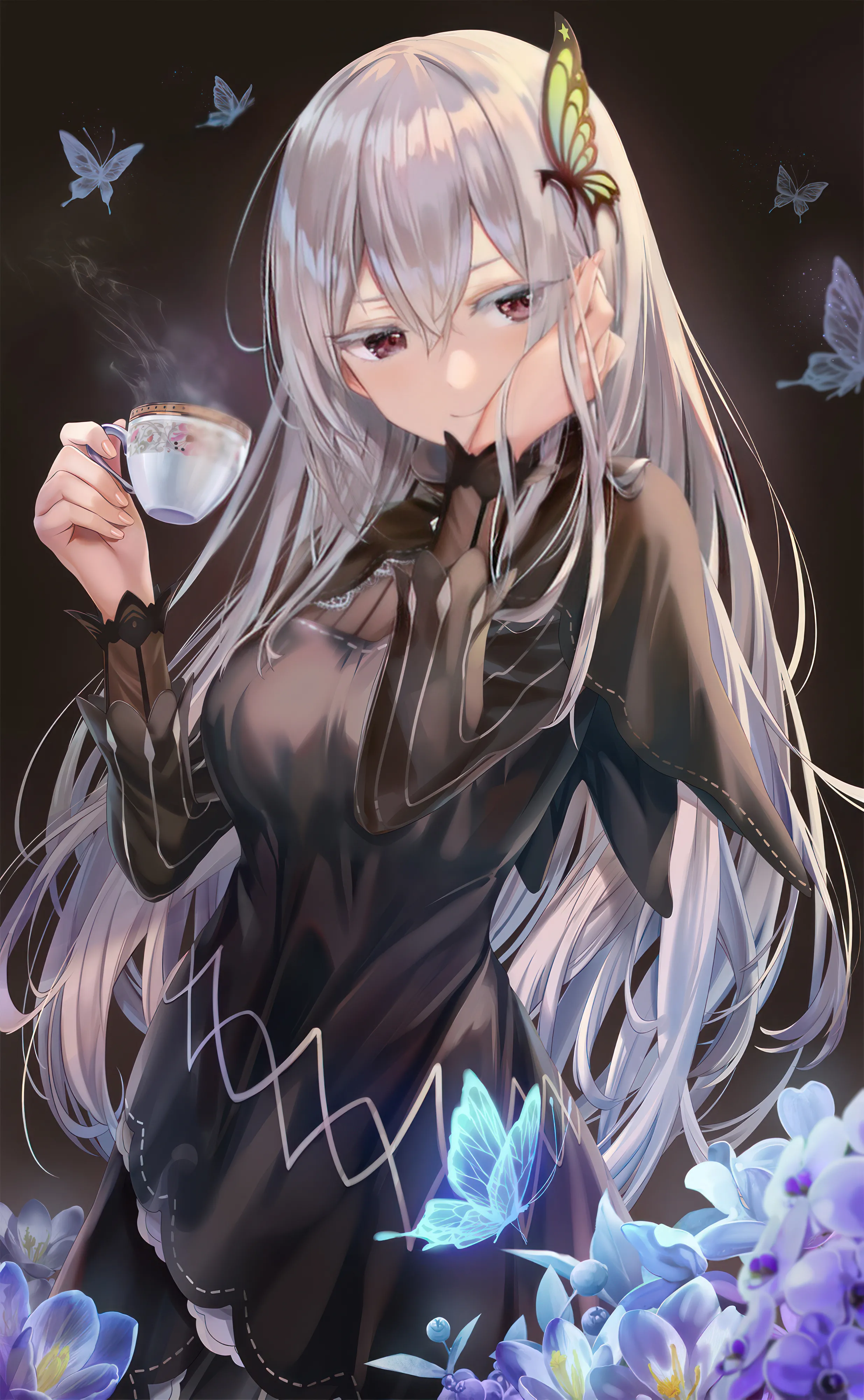 1girl,breasts,bangs,solo,closed_mouth,hair_ornament,capelet,hair_between_eyes,colored_eyelashes,very_long_hair,holding_cup,hand_on_own_cheek,hand_on_own_face,holding,striped,striped_dress,cup,white_hair,looking_at_viewer,vertical,vertical_stripes,smile,red_eyes,blush,teacup,bug,butterfly,butterfly_hair_ornament,large_breasts,dress,long_hair,long_sleeves,flower,black_capelet,black_background,black_dress