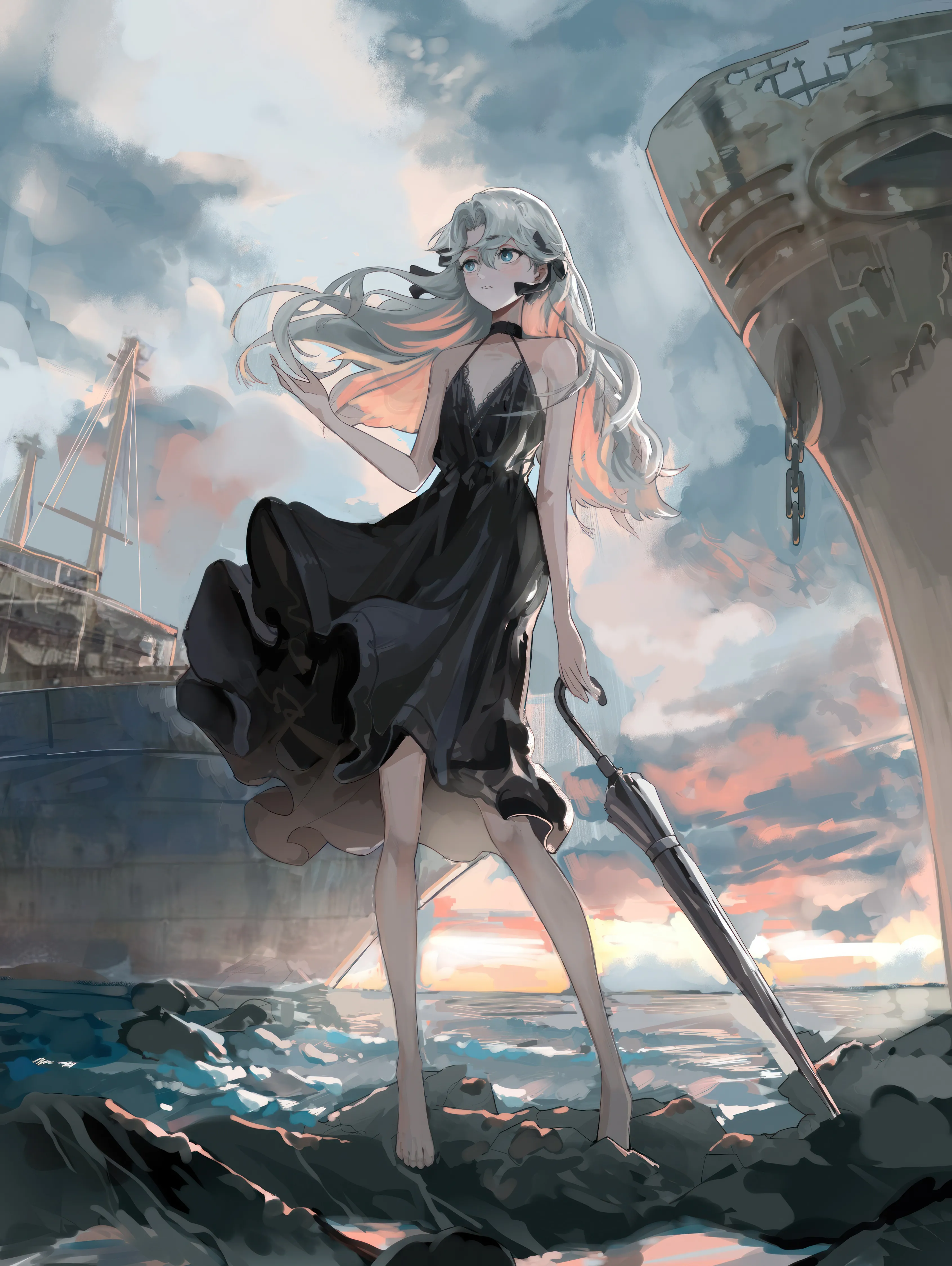 1girl,ribbon,cloud,full_body,bangs,solo,cloudy_sky,sky,hair_ribbon,hair_between_eyes,parted_lips,outdoors,holding,holding_umbrella,closed_umbrella,sleeveless,sleeveless_dress,water,ocean,ship,grey_hair,looking_at_viewer,vertical,standing,watercraft,blue_eyes,bare_legs,bare_arms,barefoot,dress,collarbone,long_hair,umbrella,bare_shoulders,choker,wind,floating_hair,black_ribbon,black_nails,black_dress,black_choker