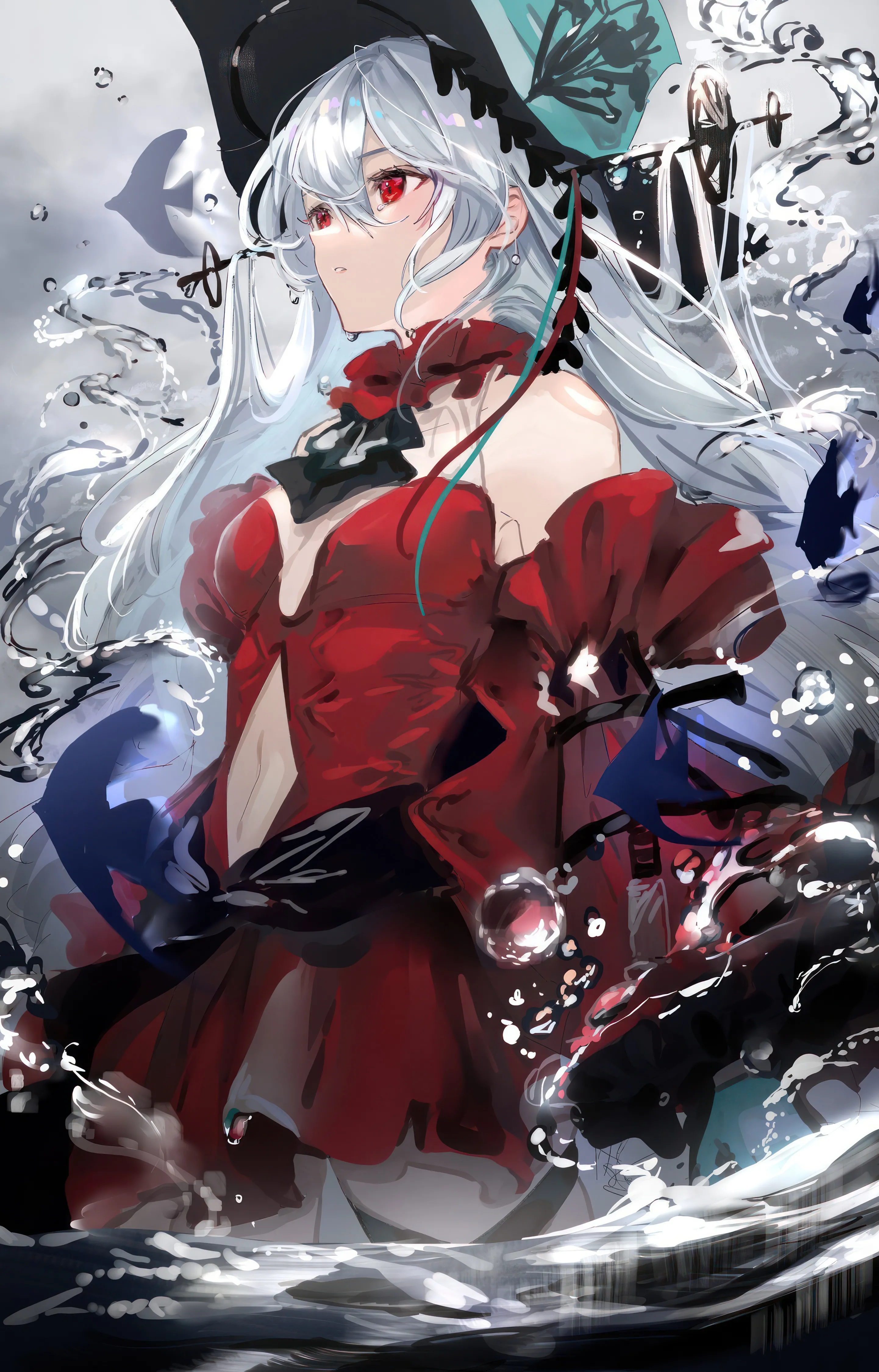 1girl,cowboy_shot,detached_sleeves,medium_breasts,breasts,bangs,solo,official_alternate_costume,hat,hair_between_eyes,very_long_hair,parted_lips,water,aqua_headwear,grey_hair,white_hair,vertical,red_eyes,red_dress,navel,clothing_cutout,short_dress,dress,long_hair,long_sleeves,bare_shoulders,navel_cutout,ascot,fish,black_ascot