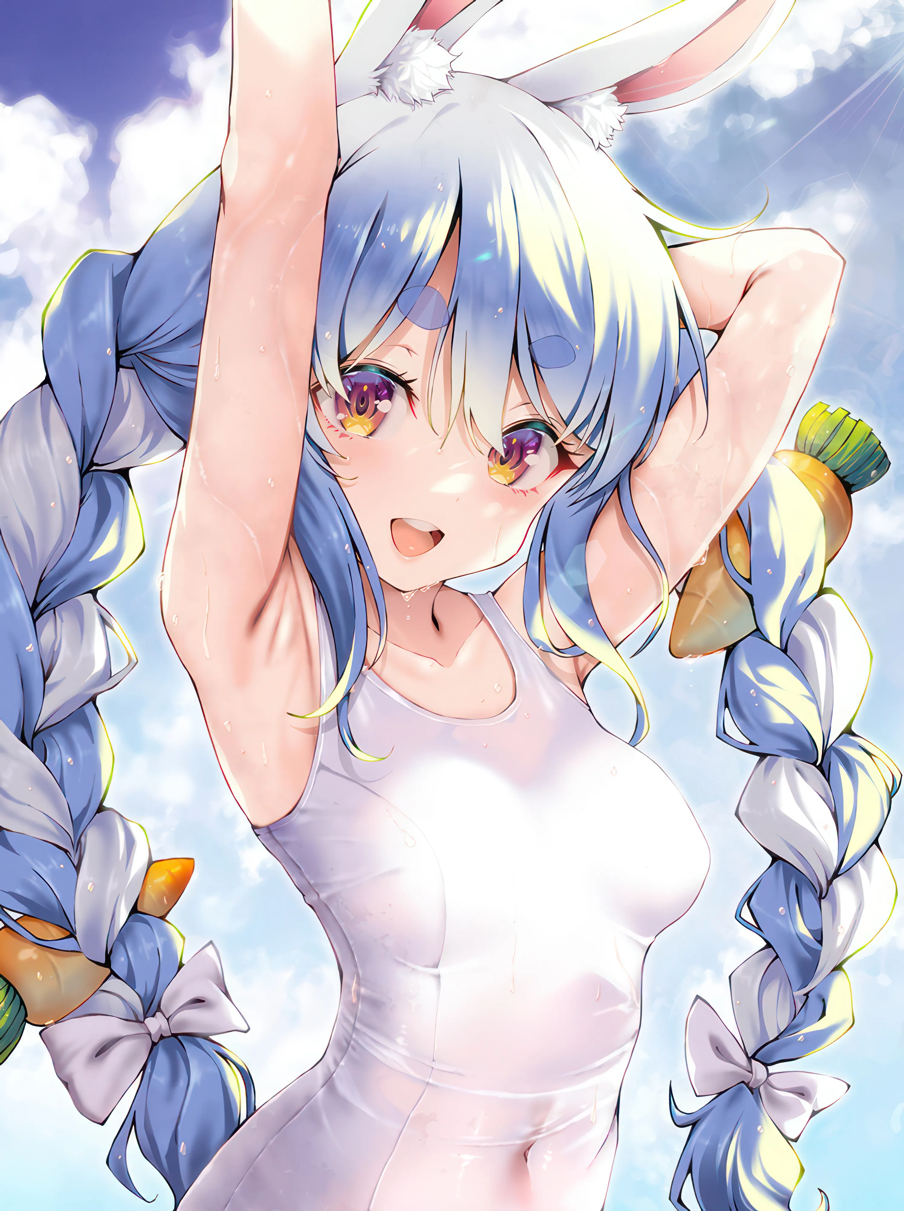 1girl,virtual_youtuber,one-piece_swimsuit,braid,twin_braids,arms_up,breasts,cloud,upper_body,upper_teeth_only,rabbit_girl,bunny-shaped_pupils,rabbit_ears,animal_ears,bangs,solo,two-tone_hair,twintails,multicolored_hair,sky,hair_ornament,hair_between_eyes,open_mouth,outdoors,orange_eyes,school_swimsuit,swimsuit,thick_eyebrows,teeth,day,white_hair,white_one-piece_swimsuit,looking_at_viewer,vertical,smile,animal_ear_fluff,carrot_hair_ornament,blush,armpits,blue_sky,blue_hair,bow,hair_bow,wet_swimsuit,wet_clothes,wet,small_breasts,collarbone,long_hair,sunlight,covered_navel,food-themed_hair_ornament