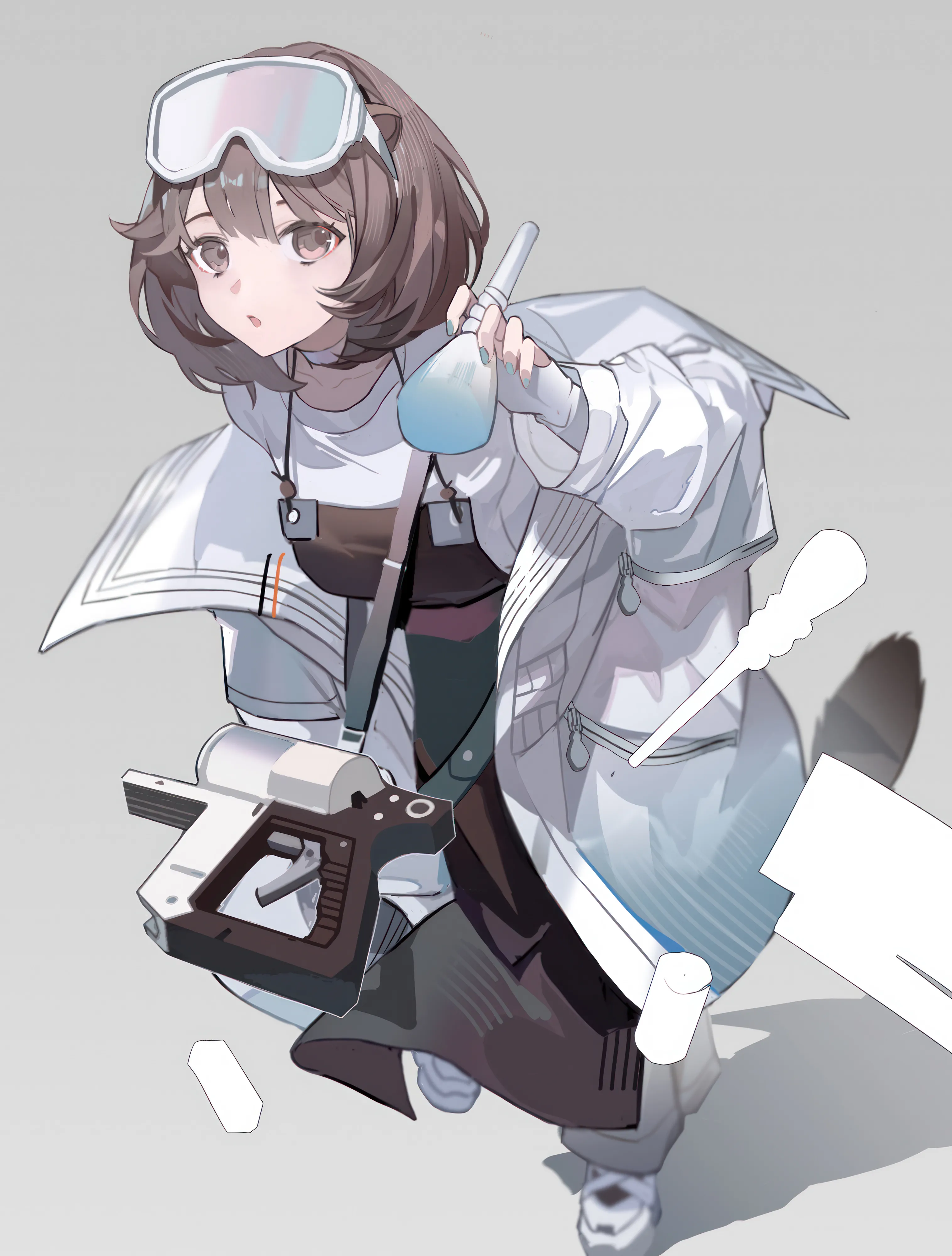 1girl,full_body,animal_ears,solo,apron,coat,goggles_on_head,jacket,tail,overalls,parted_lips,gloves,goggles,holding,open_coat,fingerless_gloves,simple_background,gun,brown_hair,brown_eyes,weapon,otter_ears,grey_background,white_coat,white_jacket,white_gloves,white_shirt,white_footwear,white_choker,looking_at_viewer,short_hair,vertical,blue_nails,shirt,open_clothes,long_sleeves,shoes,choker