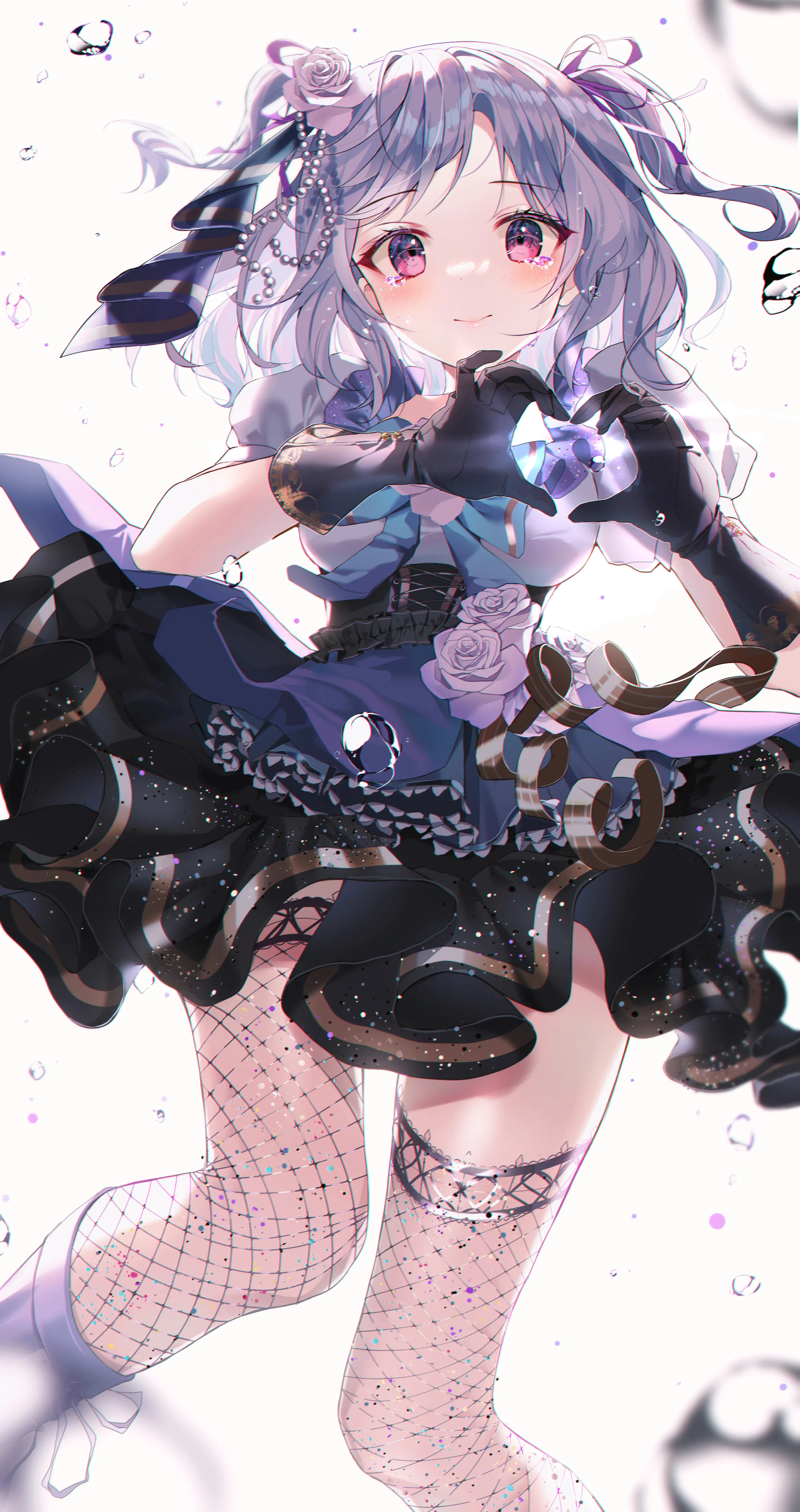 1girl,ribbon,medium_breasts,medium_hair,breasts,bangs,blurry_foreground,solo,heart_hands,twintails,closed_mouth,hair_flower,hair_ribbon,hair_ornament,two_side_up,heart,gloves,simple_background,blurry,fishnets,grey_hair,rose,white_background,looking_at_viewer,short_sleeves,skirt,vertical,smile,red_eyes,blush,frills,puffy_short_sleeves,puffy_sleeves,thighhighs,dress,boots,fishnet_thighhighs,flower,black_gloves