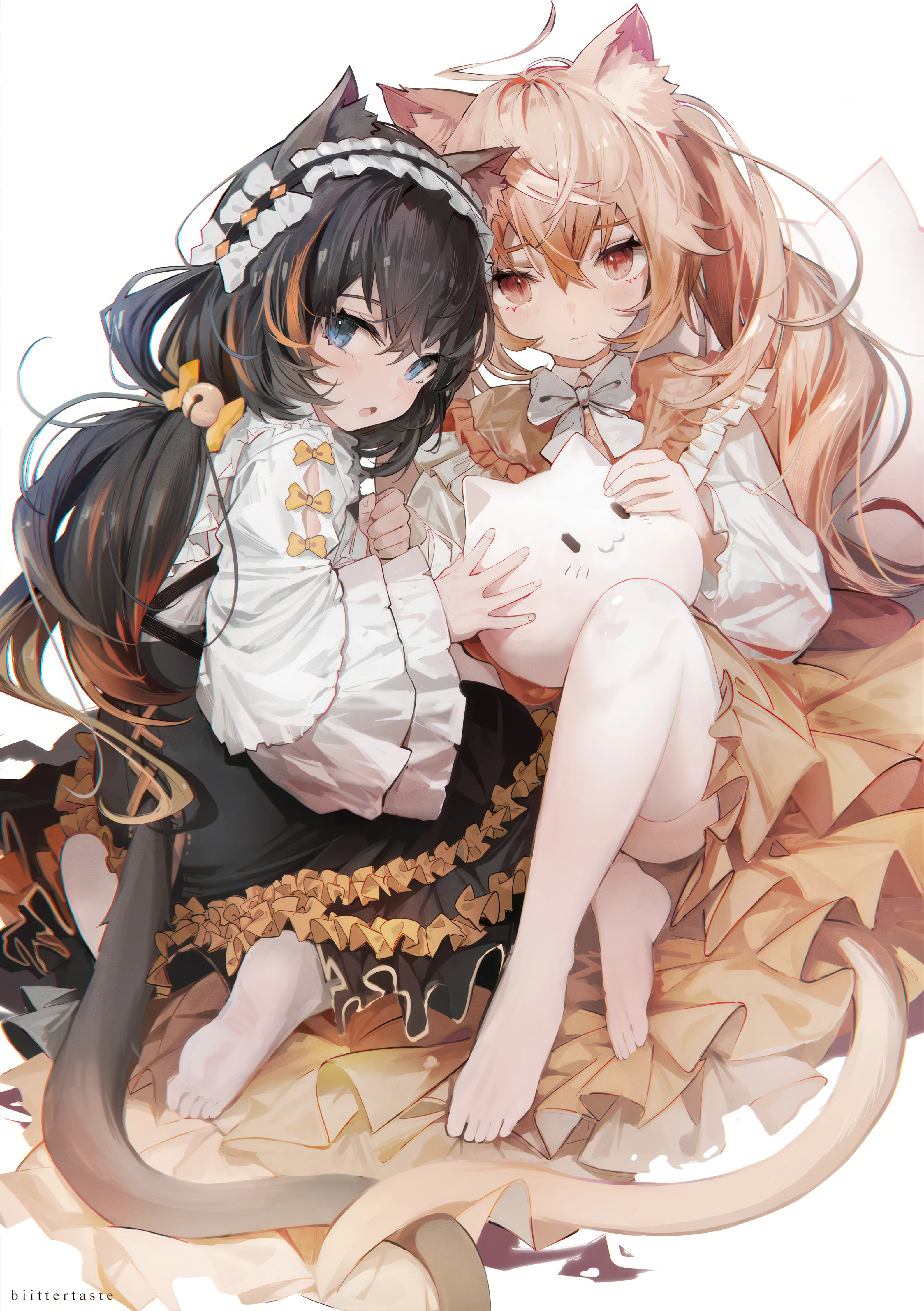 2girls,animal_ears,bangs,twintails,hairband,ahoge,closed_mouth,sitting,multiple_girls,multicolored_hair,hair_ornament,wide_sleeves,tail,hair_between_eyes,very_long_hair,holding,streaked_hair,simple_background,brown_hair,orange_hair,no_shoes,cat_girl,cat_tail,cat_ears,jingle_bell,white_background,white_bow,white_shirt,white_bowtie,looking_at_viewer,skirt,vertical,red_eyes,animal_ear_fluff,feet,soles,blush,frills,frilled_sleeves,frilled_dress,blue_eyes,bow,shirt,thighhighs,dress,bell,long_hair,long_sleeves,bowtie,yellow_bow,black_hair