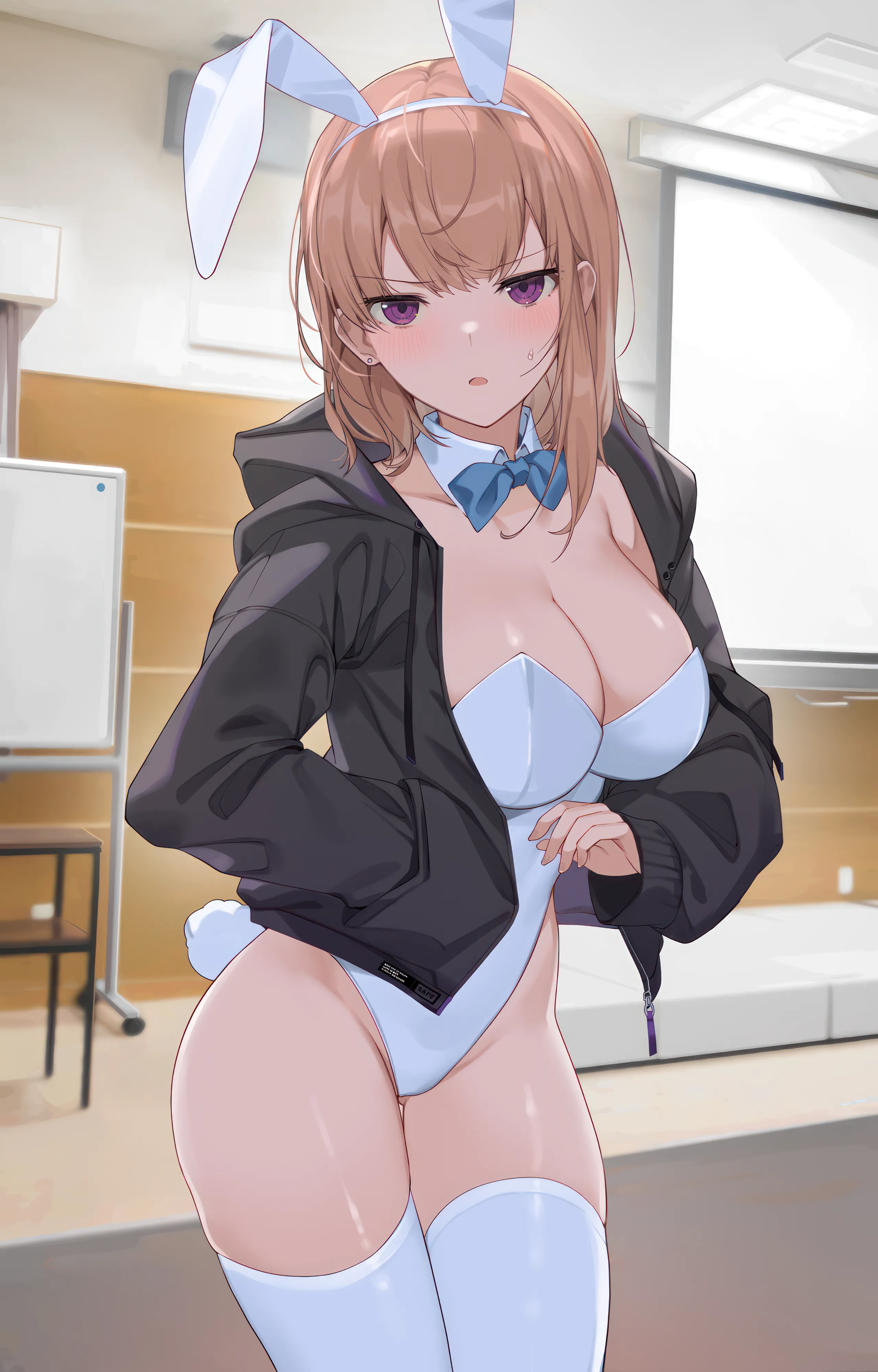 1girl,cowboy_shot,breasts,cleavage,playboy_bunny,rabbit_tail,rabbit_ears,hood,animal_ears,bangs,fake_animal_ears,solo,hairband,thighs,jacket,indoors,tail,parted_lips,hand_in_pocket,strapless,strapless_leotard,brown_hair,chair,white_hairband,white_thighhighs,white_leotard,v-shaped_eyebrows,looking_at_viewer,vertical,leotard,purple_eyes,blush,blue_bow,blue_bowtie,bow,open_jacket,open_clothes,large_breasts,thighhighs,long_hair,long_sleeves,bowtie,detached_collar,highleg,highleg_leotard,black_jacket