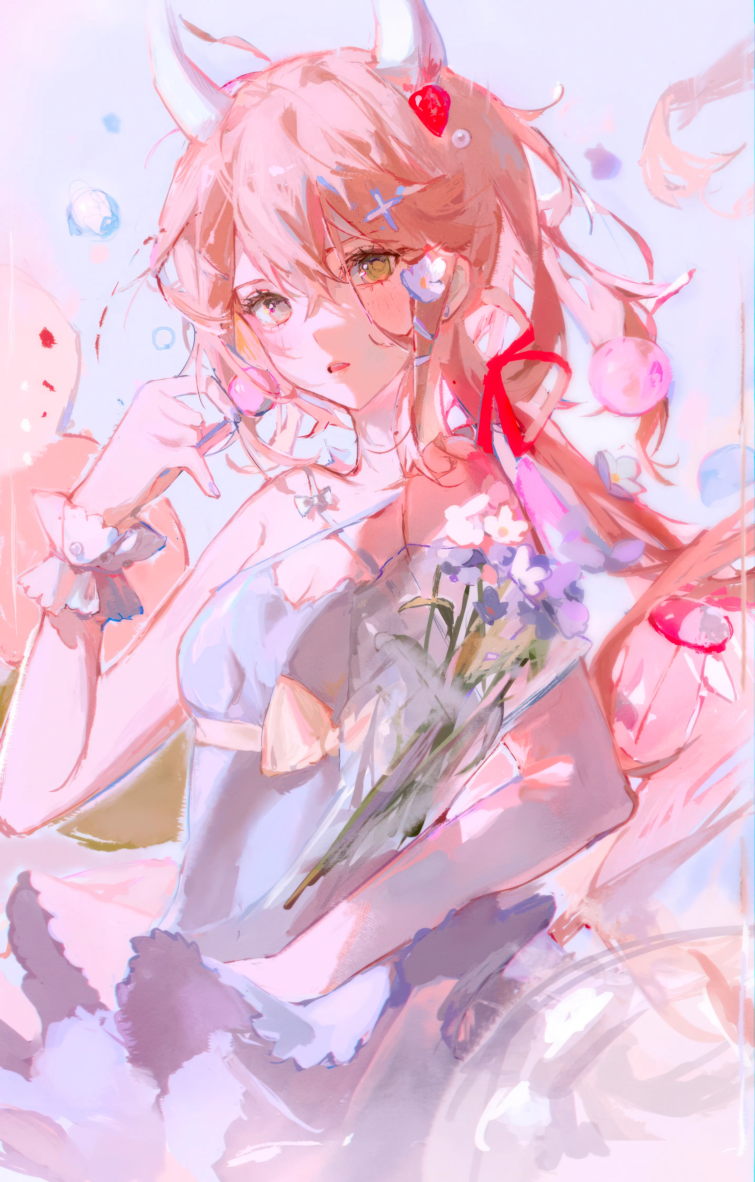 1girl,virtual_youtuber,breasts,bangs,solo,hair_ornament,hair_between_eyes,open_mouth,very_long_hair,parted_lips,holding,holding_food,fruit,white_flower,white_dress,looking_at_viewer,vertical,pink_hair,wrist_cuffs,halterneck,green_eyes,blush,bouquet,blue_dress,horns,dress,long_hair,food,flower,yellow_eyes