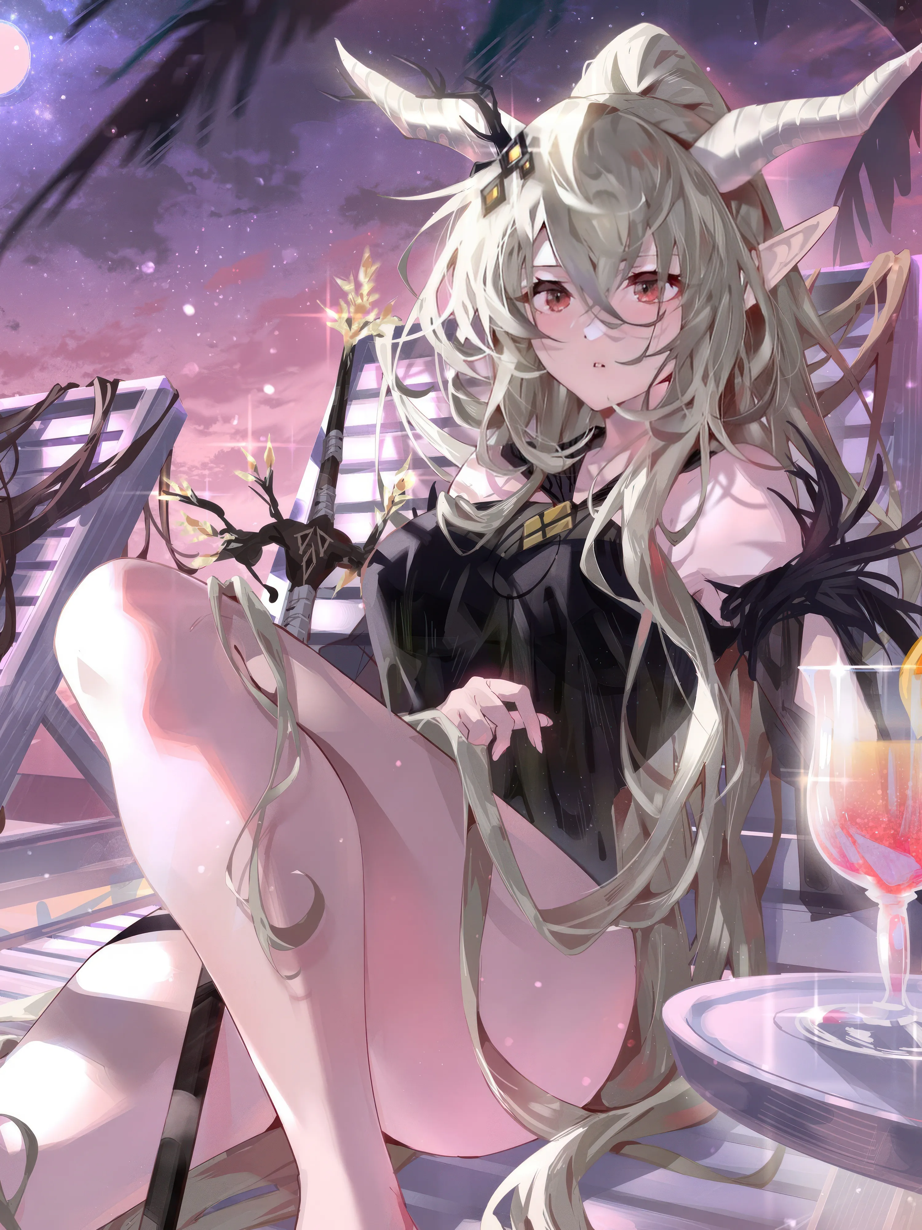 1girl,one-piece_swimsuit,breasts,bangs,solo,knee_up,sitting,night,thighs,sky,hair_ornament,pointy_ears,official_alternate_costume,hair_between_eyes,very_long_hair,parted_lips,outdoors,holding,star_sky,moon,cup,swimsuit,grey_hair,looking_at_viewer,vertical,purple_sky,red_eyes,blush,bare_legs,horns,large_breasts,drinking_glass,long_hair,bare_shoulders,ponytail,black_one-piece_swimsuit