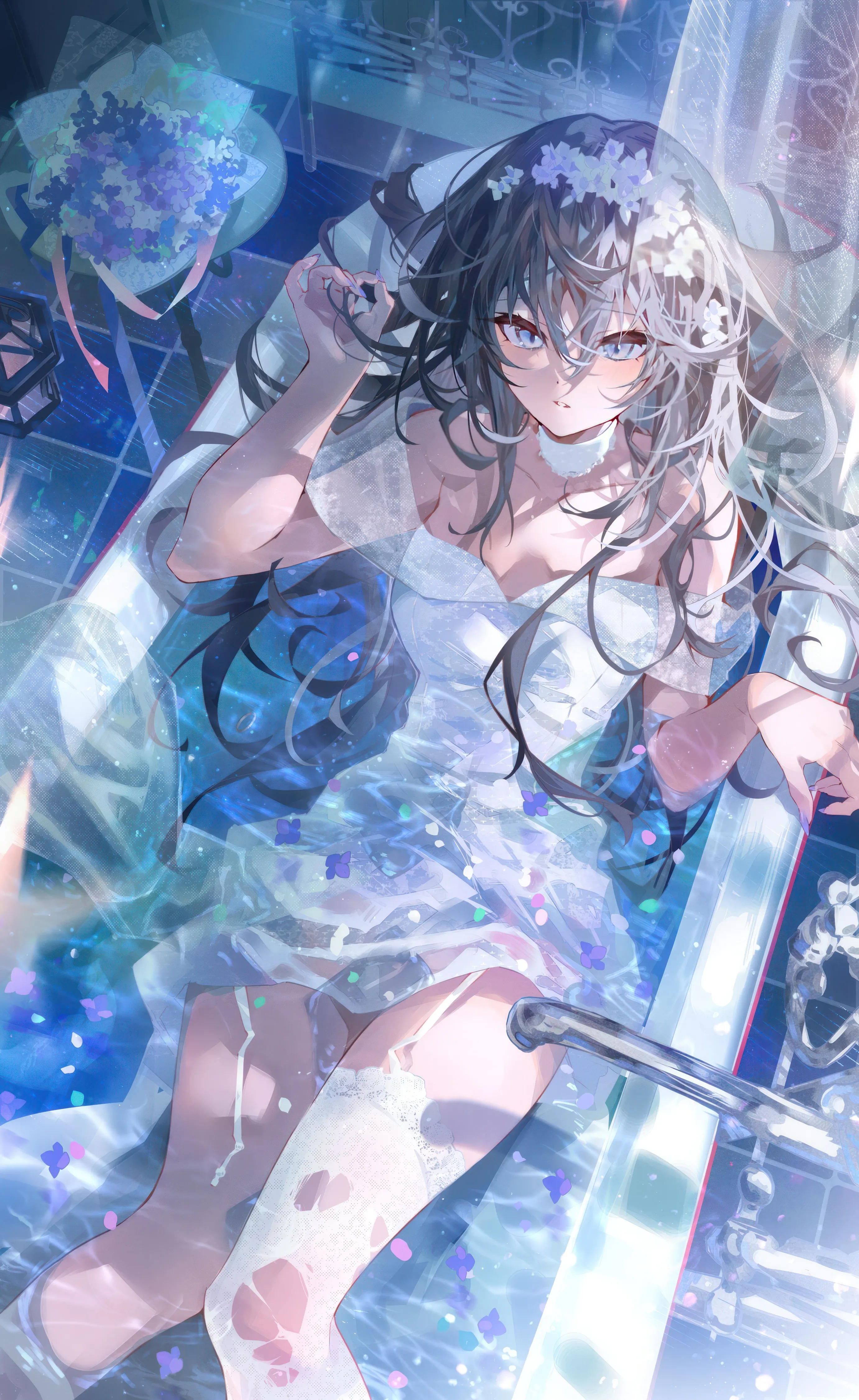 1girl,medium_breasts,breasts,cleavage,bangs,solo,single_thighhigh,garter_straps,sitting,hair_flower,hair_ornament,wedding_dress,indoors,hair_between_eyes,parted_lips,water,bathtub,tiles,white_thighhighs,white_dress,white_choker,looking_at_viewer,torn_clothes,torn_thighhighs,vertical,blush,bouquet,petals,blue_eyes,wet,thighhighs,dress,partially_submerged,long_hair,bare_shoulders,choker,flower,black_hair