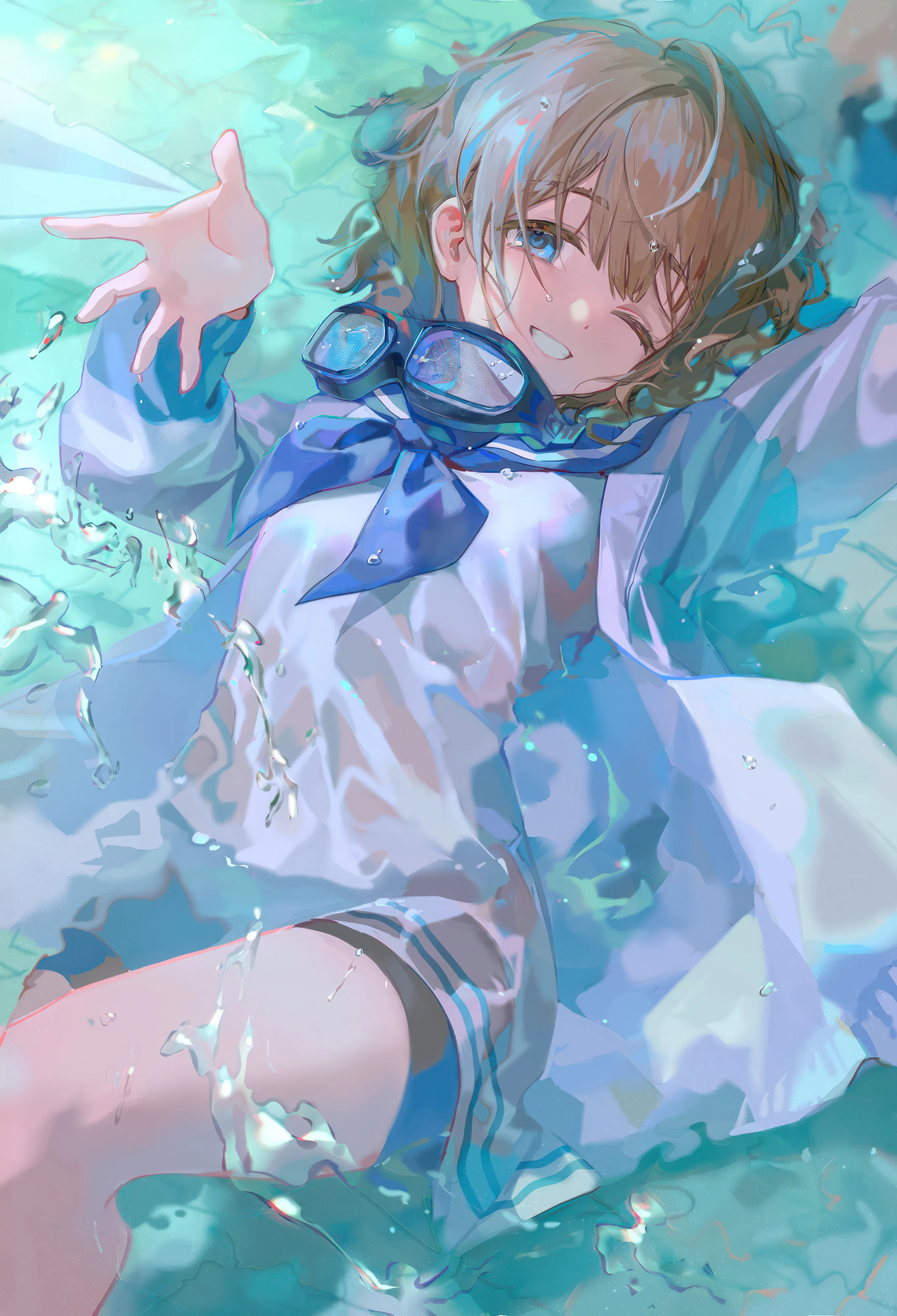 1girl,neckerchief,on_back,bangs,solo,jacket,goggles,school_uniform,brown_hair,water,sailor_dress,sailor_collar,white_serafuku,white_dress,looking_at_viewer,short_hair,shorts,vertical,smile,goggles_around_neck,blue_neckerchief,blue_sailor_collar,blue_eyes,wet_clothes,wet,open_clothes,lying,bike_shorts,dress,partially_submerged,long_sleeves,one_eye_closed,grin