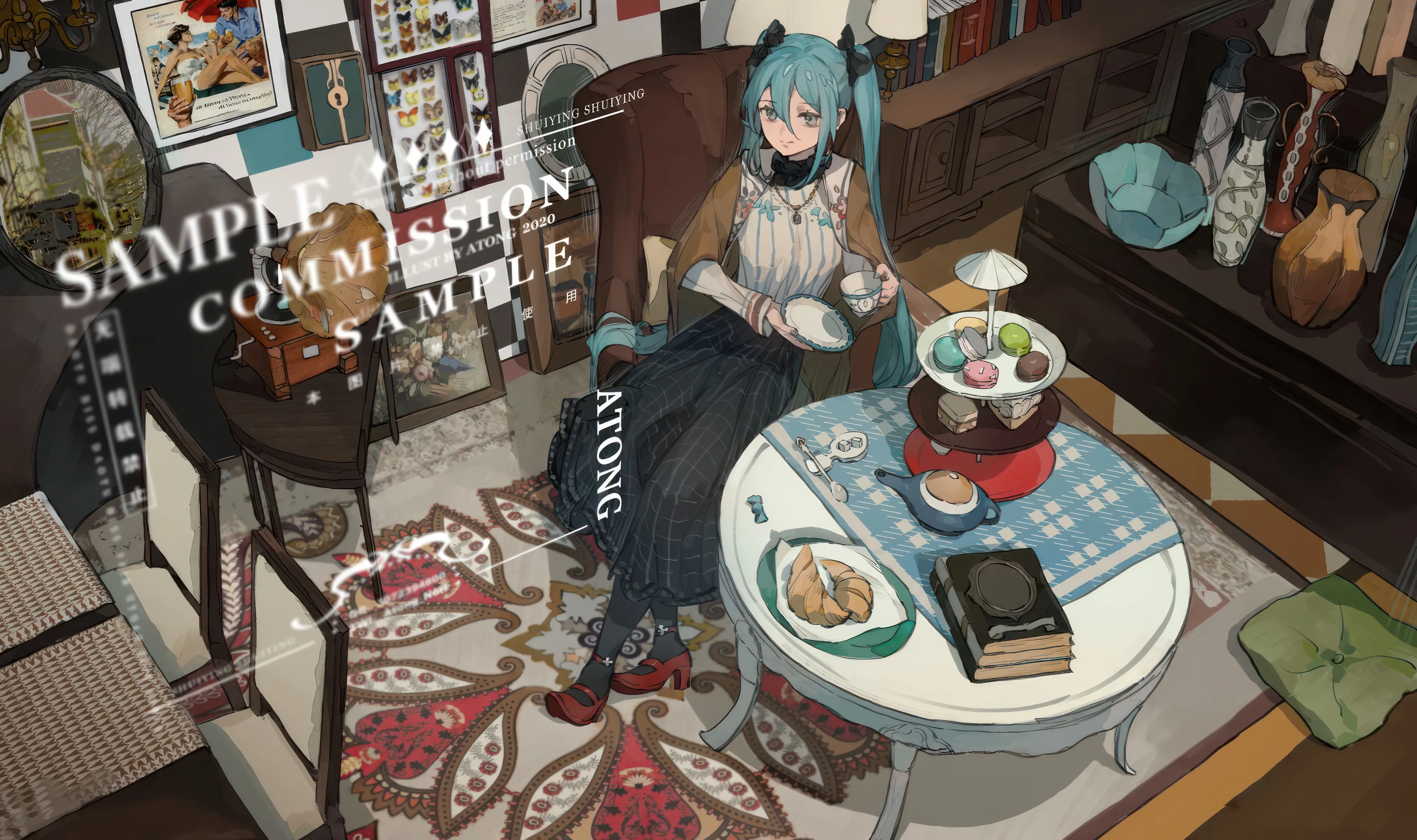 1girl,book,bookshelf,carpet,solo,twintails,photo_object,rug,globe,sitting,shelf,indoors,wide_shot,hair_between_eyes,very_long_hair,holding,cup,table,chair,horizontal,sweater,aqua_hair,aqua_eyes,couch,lamp,bottle,phonograph,plate,skirt,smile,red_footwear,teacup,saucer,blue_hair,cake,shirt,pantyhose,long_hair,long_sleeves,long_skirt,shoes,food,fork,black_skirt