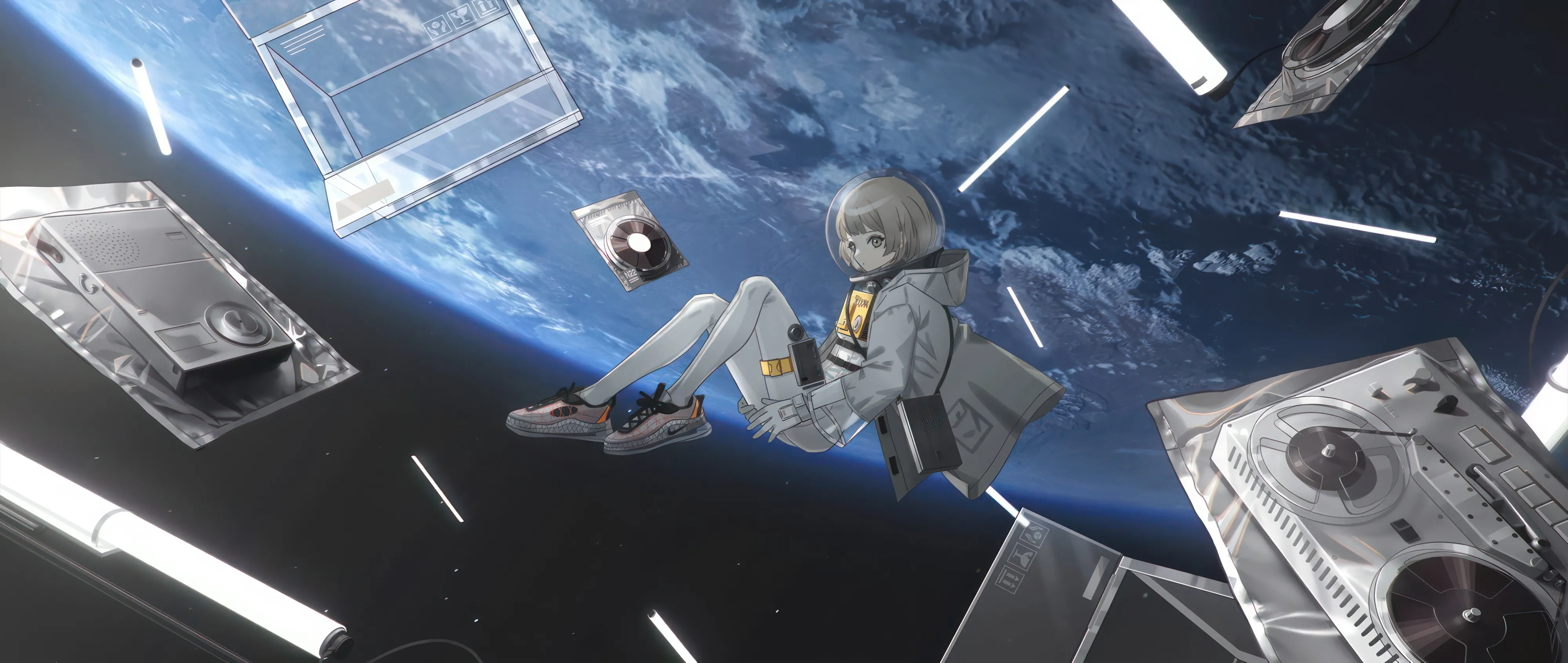 1girl,hood,bangs,solo,earth_planet,jacket,space,spacecraft,spacesuit,wide_shot,brown_hair,horizontal,hood_down,floating,looking_at_viewer,short_hair,planet,open_clothes,sneakers,long_sleeves,shoes