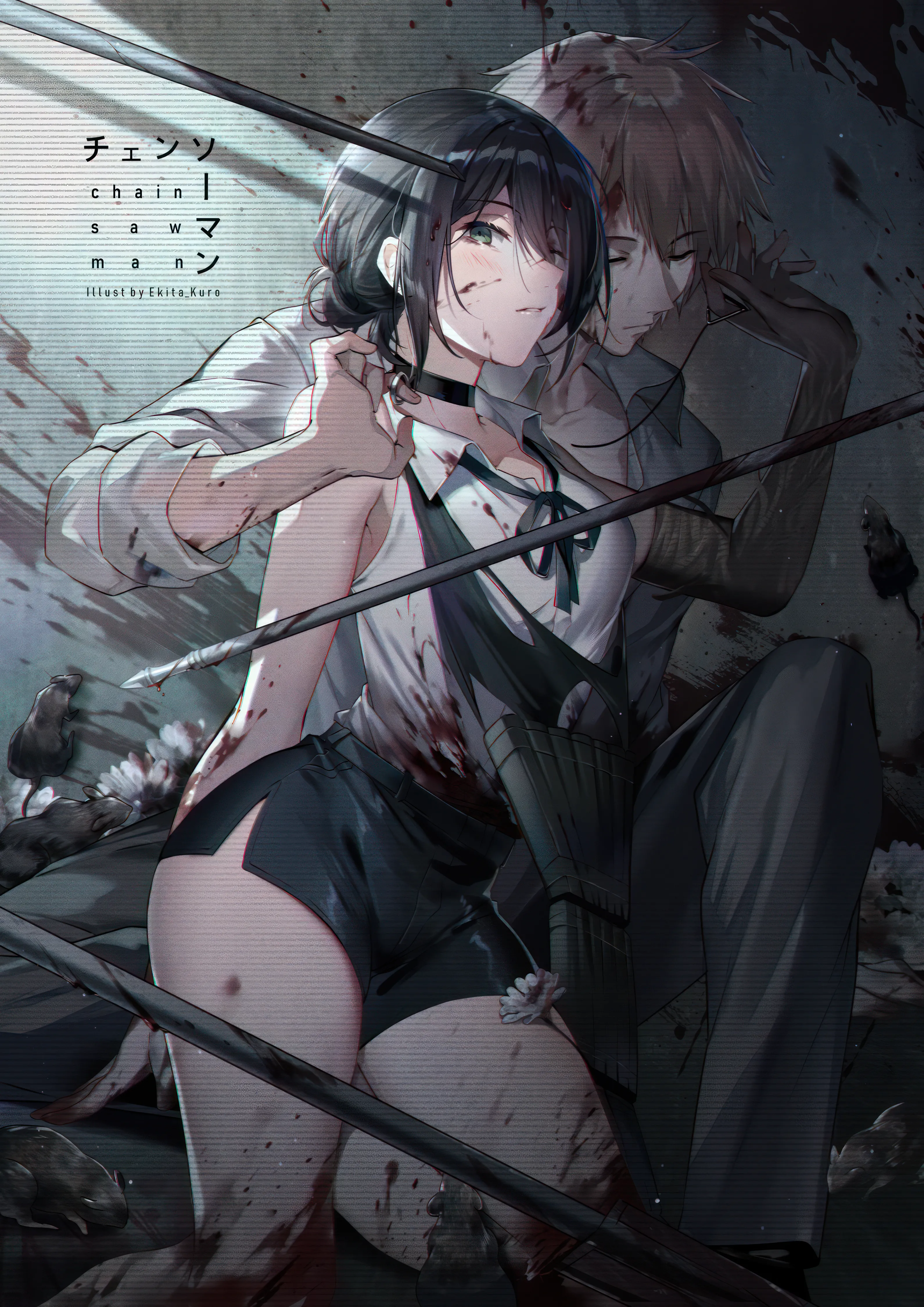 1girl,1boy,ribbon,medium_breasts,medium_hair,breasts,bangs,single_hair_bun,hair_bun,thighs,hair_between_eyes,blood_on_hands,holding,sleeveless,sleeveless_shirt,collared_shirt,weapon,copyright_name,white_shirt,looking_at_viewer,short_hair,shorts,vertical,green_eyes,blood_on_face,blush,blood,blood_splatter,blood_on_clothes,shirt,shirt_tucked_in,pants,one_eye_closed,bare_shoulders,choker,black_ribbon,black_hair,black_shorts,black_pants,black_choker