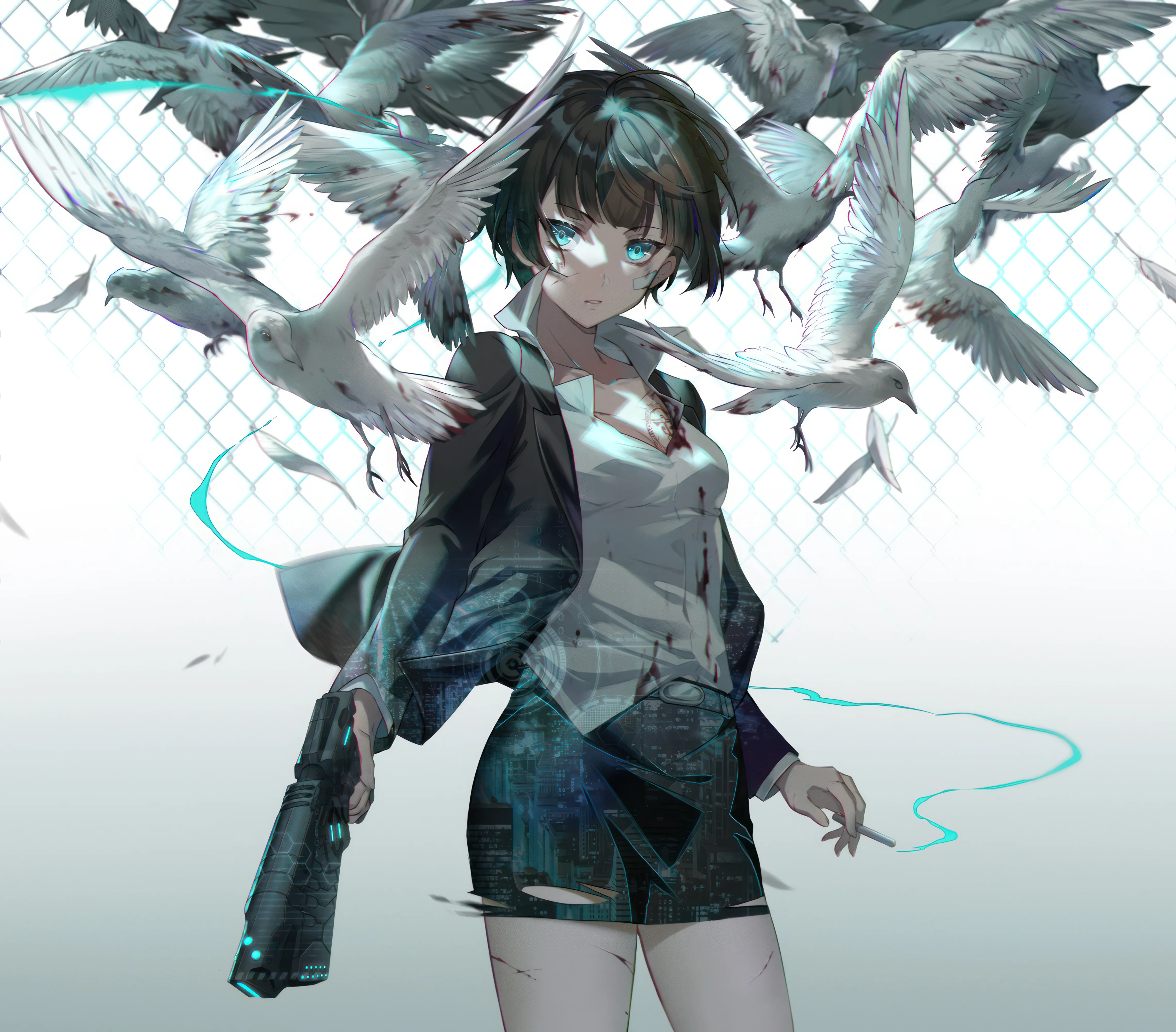 1girl,cowboy_shot,breasts,bangs,solo,injury,smoking,jacket,parted_lips,holding_cigarette,holding_weapon,handgun,holding_gun,holding,collared_shirt,gun,fence,weapon,smoke,white_background,white_shirt,dove,belt,looking_at_viewer,short_hair,skirt,torn_clothes,vertical,standing,feathers,blood_on_face,blue_eyes,blood,blood_on_clothes,shirt,open_jacket,open_clothes,miniskirt,chain-link_fence,pencil_skirt,collarbone,long_sleeves,cigarette,bird,black_hair,black_jacket,black_skirt