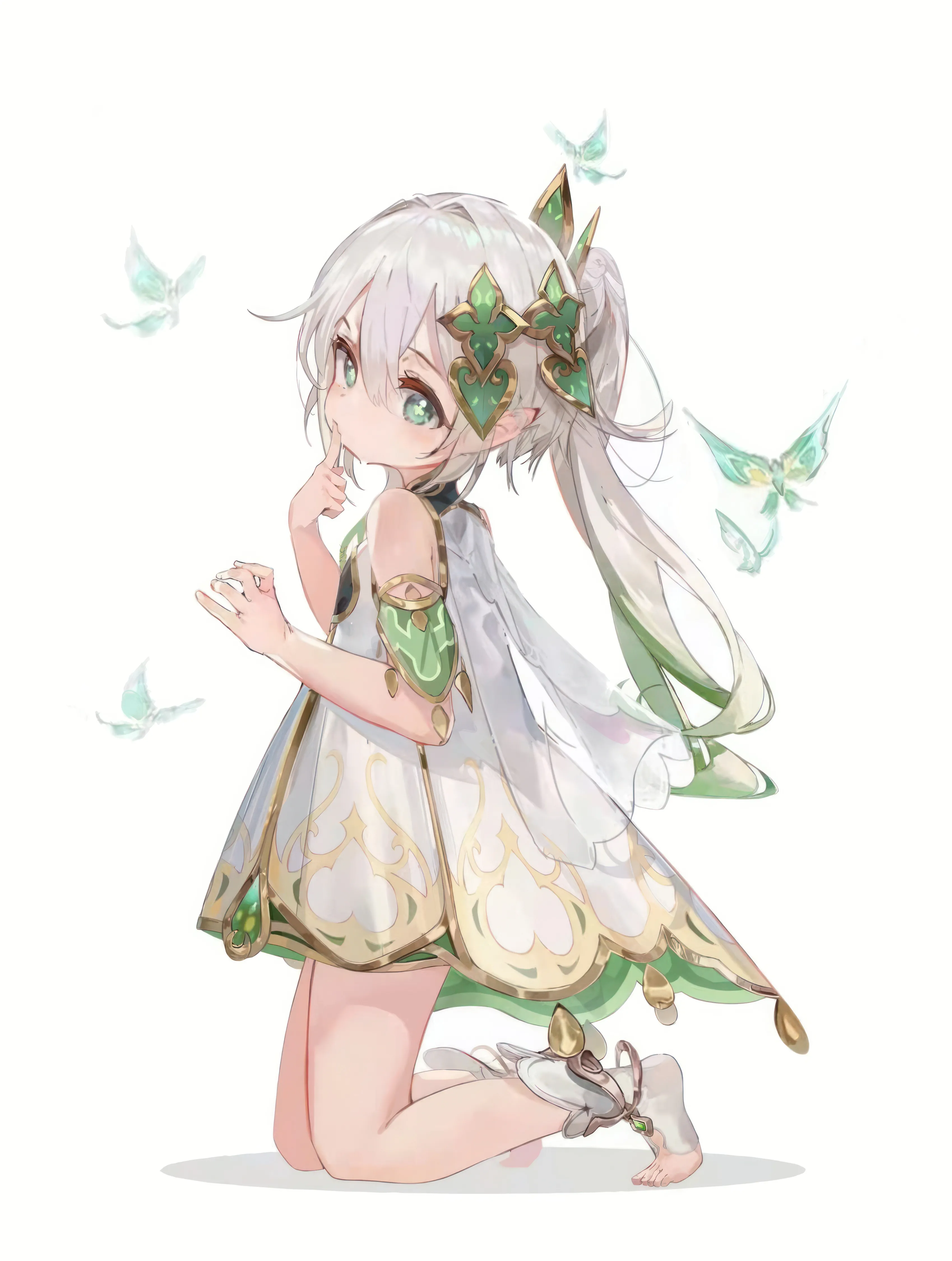 1girl,detached_sleeves,from_side,side_ponytail,full_body,bangs,cross-shaped_pupils,solo,multicolored_hair,hair_ornament,pointy_ears,hair_between_eyes,finger_to_mouth,sleeveless,sleeveless_dress,simple_background,toeless_footwear,gradient_hair,white_hair,white_background,white_socks,white_dress,looking_at_viewer,vertical,symbol-shaped_pupils,green_hair,green_eyes,bug,butterfly,socks,kneeling,dress,long_hair,bare_shoulders