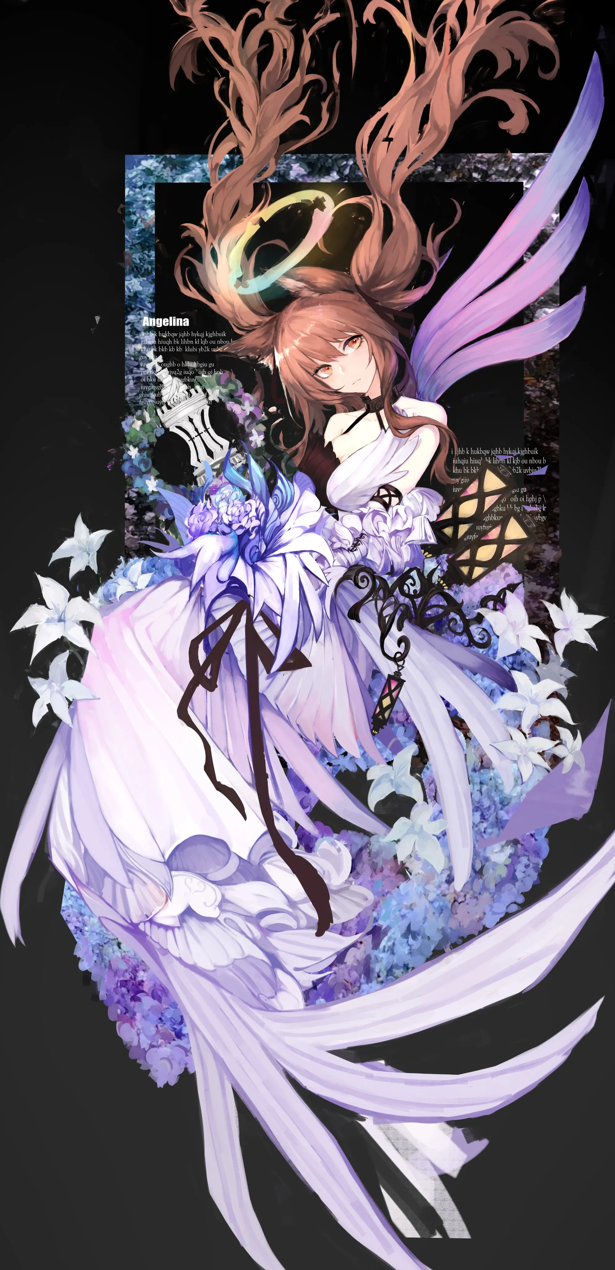 1girl,ribbon,breasts,full_body,animal_ears,bangs,solo,twintails,closed_mouth,halo,very_long_hair,holding,brown_hair,brown_eyes,white_flower,white_dress,looking_at_viewer,vertical,smile,wings,bouquet,blue_flower,dress,long_hair,bare_shoulders,floating_hair,skull,flower,black_background