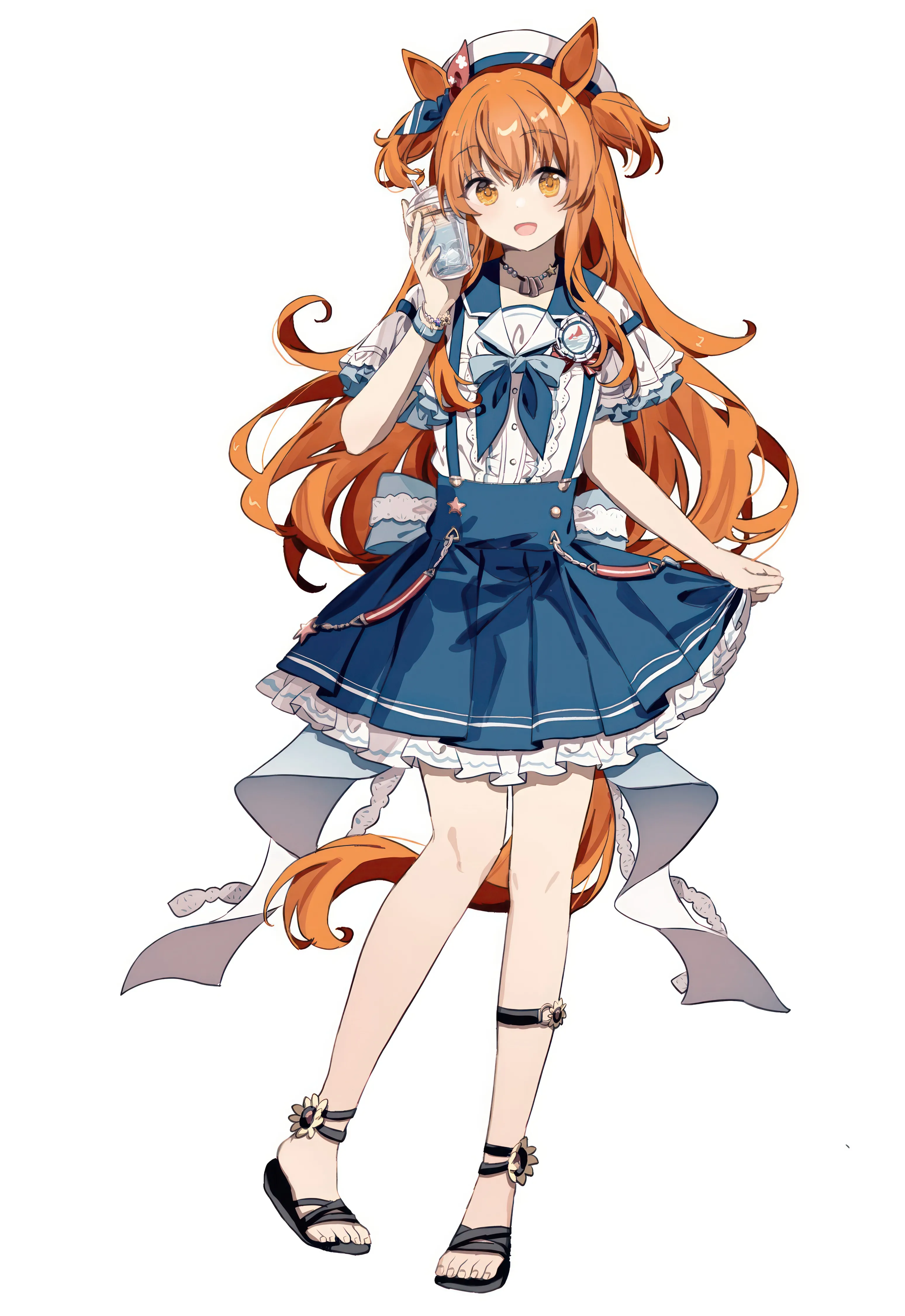 1girl,full_body,animal_ears,sandals,bangs,solo,suspender_skirt,two_side_up,tail,hat,open_mouth,holding,holding_bottle,skirt_hold,simple_background,orange_hair,orange_eyes,sailor_collar,jewelry,bottle,white_headwear,white_background,white_shirt,looking_at_viewer,short_sleeves,skirt,vertical,standing,smile,suspenders,blush,frills,blue_skirt,bow,shirt,long_hair,necklace,horse_girl,horse_tail,horse_ears,black_footwear