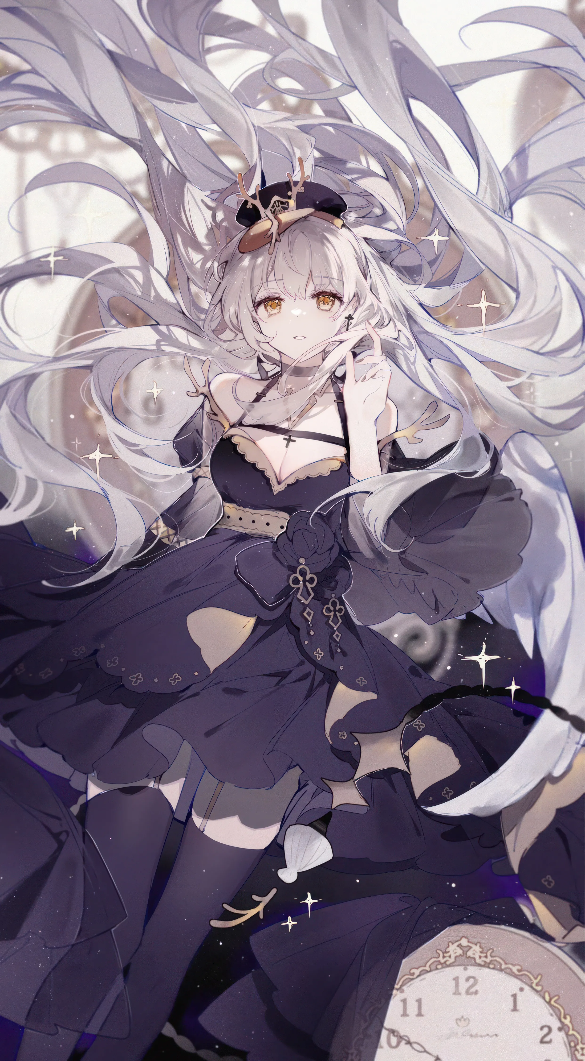 1girl,detached_sleeves,medium_breasts,breasts,cleavage,bangs,solo,feet_out_of_frame,hat,very_long_hair,parted_lips,hand_up,clock,jewelry,white_hair,looking_at_viewer,vertical,smile,feathers,wings,thighhighs,dress,long_hair,bare_shoulders,necklace,floating_hair,flower,yellow_eyes,black_headwear,black_thighhighs,black_dress