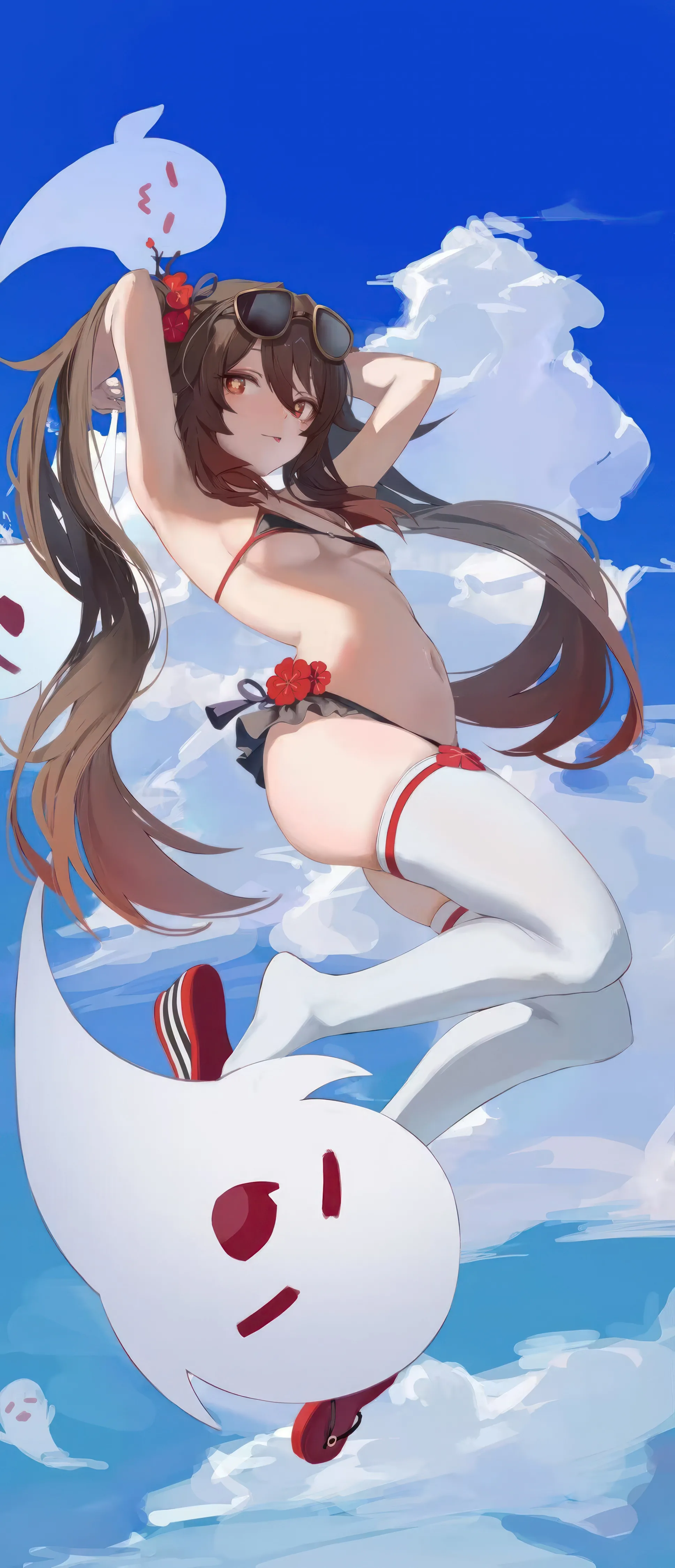 1girl,arms_up,breasts,cloud,flip-flops,full_body,sandals,bangs,solo,arms_behind_head,twintails,tongue_out,sunglasses,cloudy_sky,thighs,sky,hair_flower,hair_ornament,stomach,ghost,hair_between_eyes,very_long_hair,outdoors,plum_blossoms,brown_hair,bikini,swimsuit,day,white_thighhighs,looking_at_viewer,eyewear_on_head,vertical,smile,symbol-shaped_pupils,string_bikini,red_bikini,red_eyes,red_flower,navel,blush,armpits,tongue,flower-shaped_pupils,frills,frilled_bikini,blue_sky,skindentation,bare_arms,jumping,small_breasts,thighhighs,micro_bikini,long_hair,bare_shoulders,flower