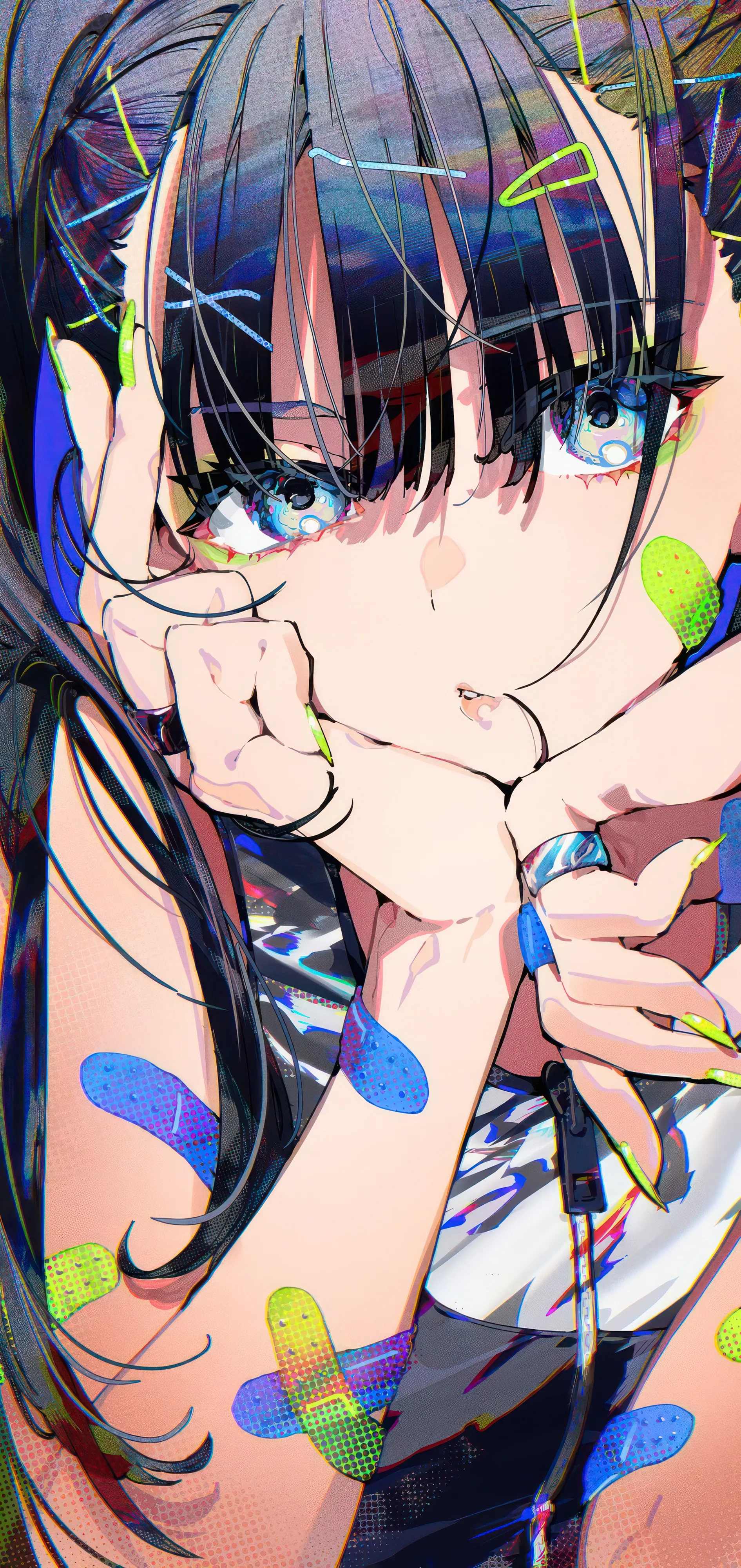 1girl,x_hair_ornament,upper_body,bangs,bandaid,solo,hairclip,hair_ornament,parted_lips,ring,bandaid_on_hand,bandaid_on_arm,head_rest,hand_on_own_face,zipper,nail_polish,sleeveless,jewelry,looking_at_viewer,vertical,bandaid_on_face,blue_hair,blue_eyes,long_hair,black_hair