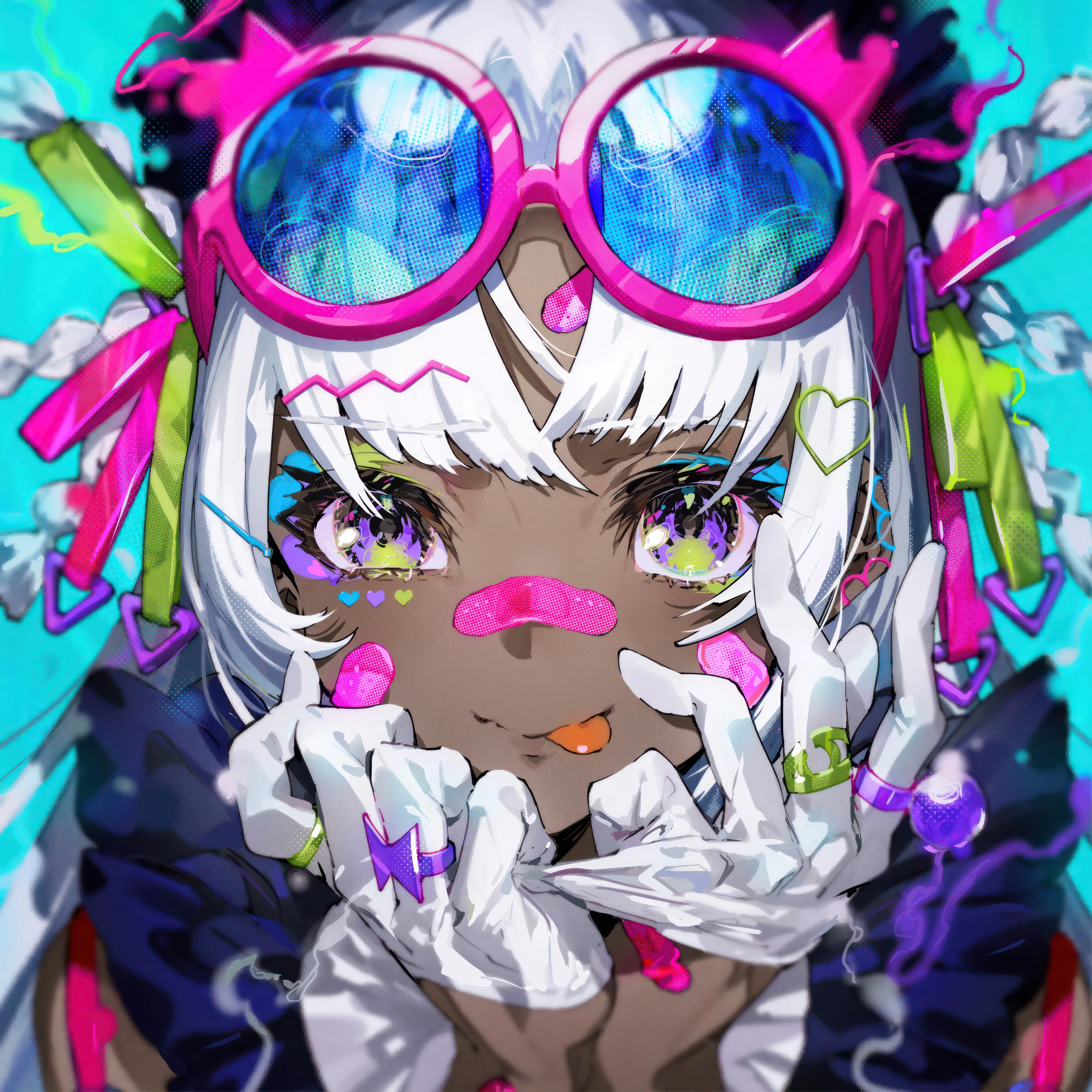 1girl,braid,bangs,bandaid,solo,tongue_out,sunglasses,hair_ornament,heart,heart-shaped_eyewear,ring,gloves,bandaid_on_arm,tinted_eyewear,blurry,dark_skin,jewelry,white_hair,white_gloves,looking_at_viewer,glasses,eyewear_on_head,piercing,vertical,smile,pink-tinted_eyewear,purple_eyes,bandaid_on_face,tongue,blue_background,long_hair,dark-skinned_female