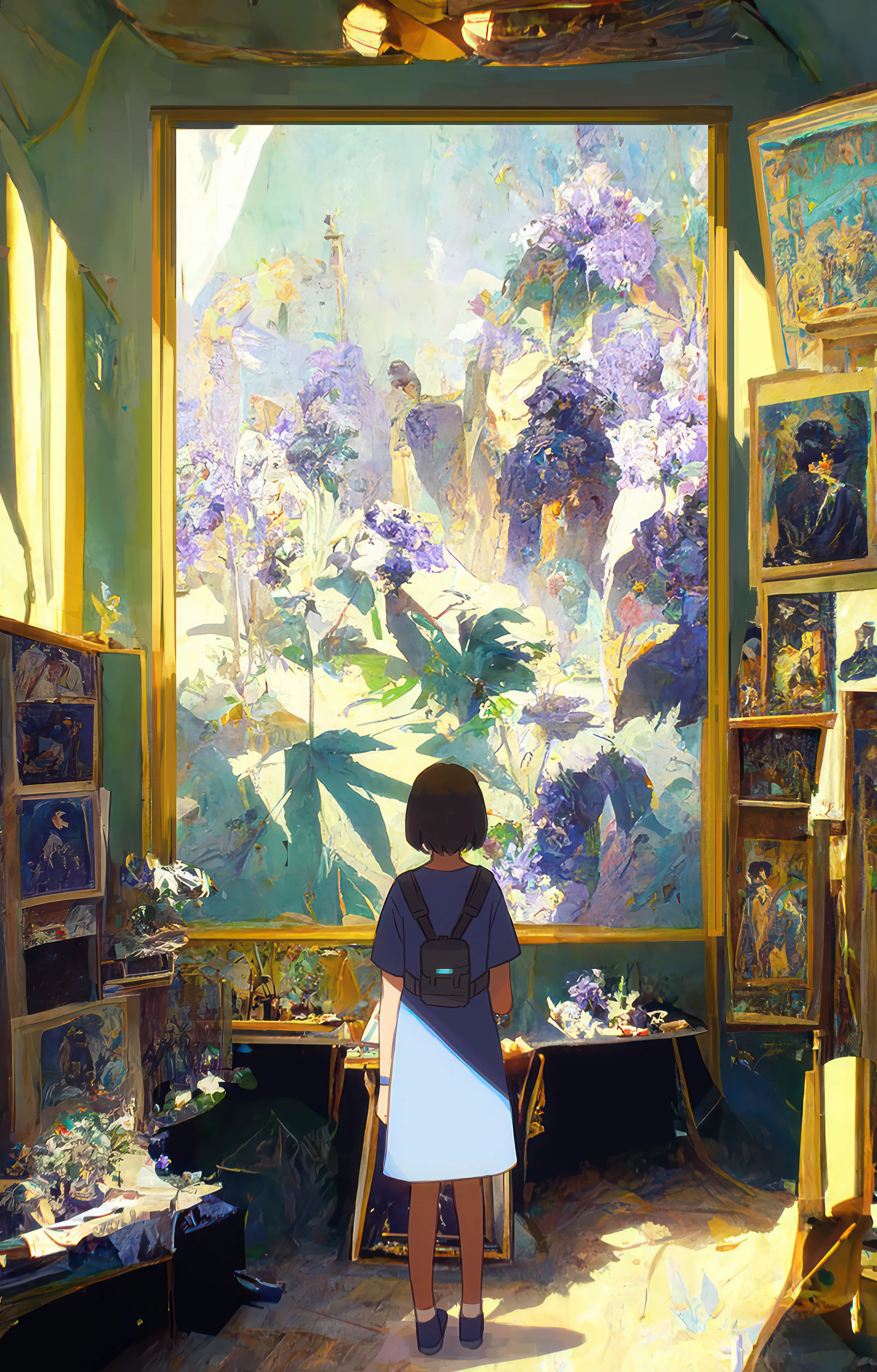 1girl,bag,solo,backpack,shelf,indoors,wide_shot,painting_object,table,chair,plant,white_socks,short_hair,short_sleeves,vertical,standing,purple_flower,from_behind,shirt,socks,dress,sunlight,shadow,facing_away,shoes,scenery,flower,black_hair