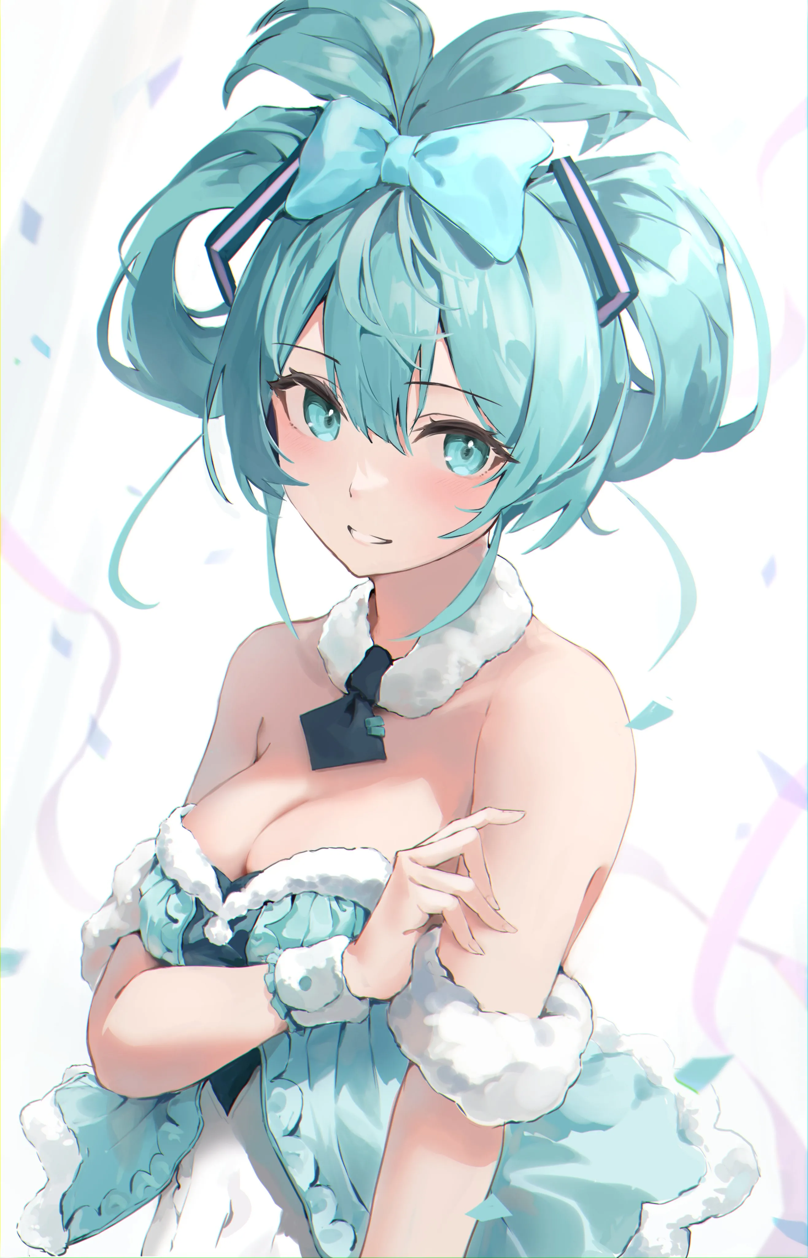 1girl,medium_breasts,breasts,cleavage,upper_body,bangs,solo,updo,parted_lips,strapless,simple_background,fur_collar,fur_trim,aqua_hair,aqua_eyes,white_background,looking_at_viewer,short_necktie,vertical,smile,leotard,blush,bow,hair_bow,bare_shoulders,necktie