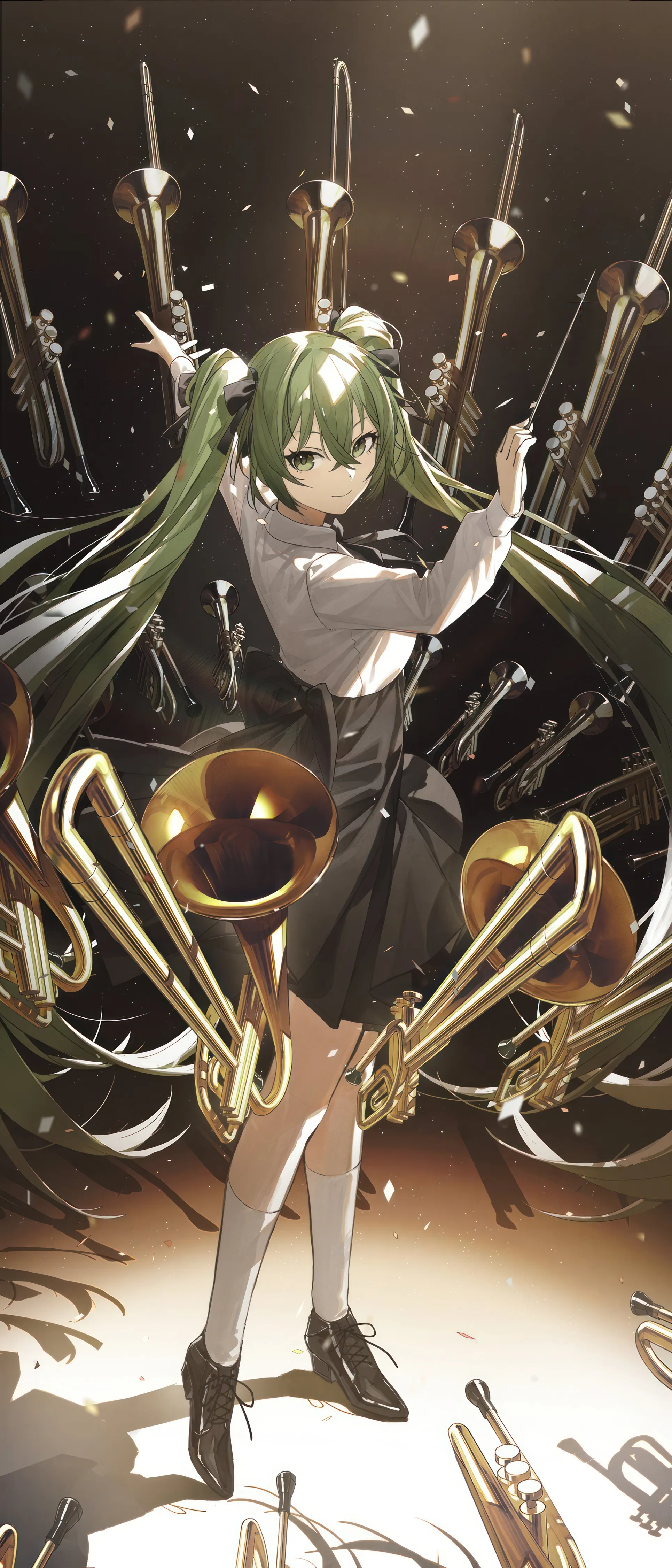 1girl,ribbon,arm_up,arms_up,instrument,light_particles,full_body,bangs,solo,kneehighs,twintails,suspender_skirt,closed_mouth,trumpet,confetti,hair_between_eyes,very_long_hair,baton_conducting,collared_shirt,white_shirt,white_socks,looking_at_viewer,skirt,vertical,standing,green_hair,green_eyes,spotlight,suspenders,bow,shirt,socks,long_hair,long_sleeves,boots,neck_ribbon,high_heels,black_ribbon,black_skirt,black_bow,black_footwear