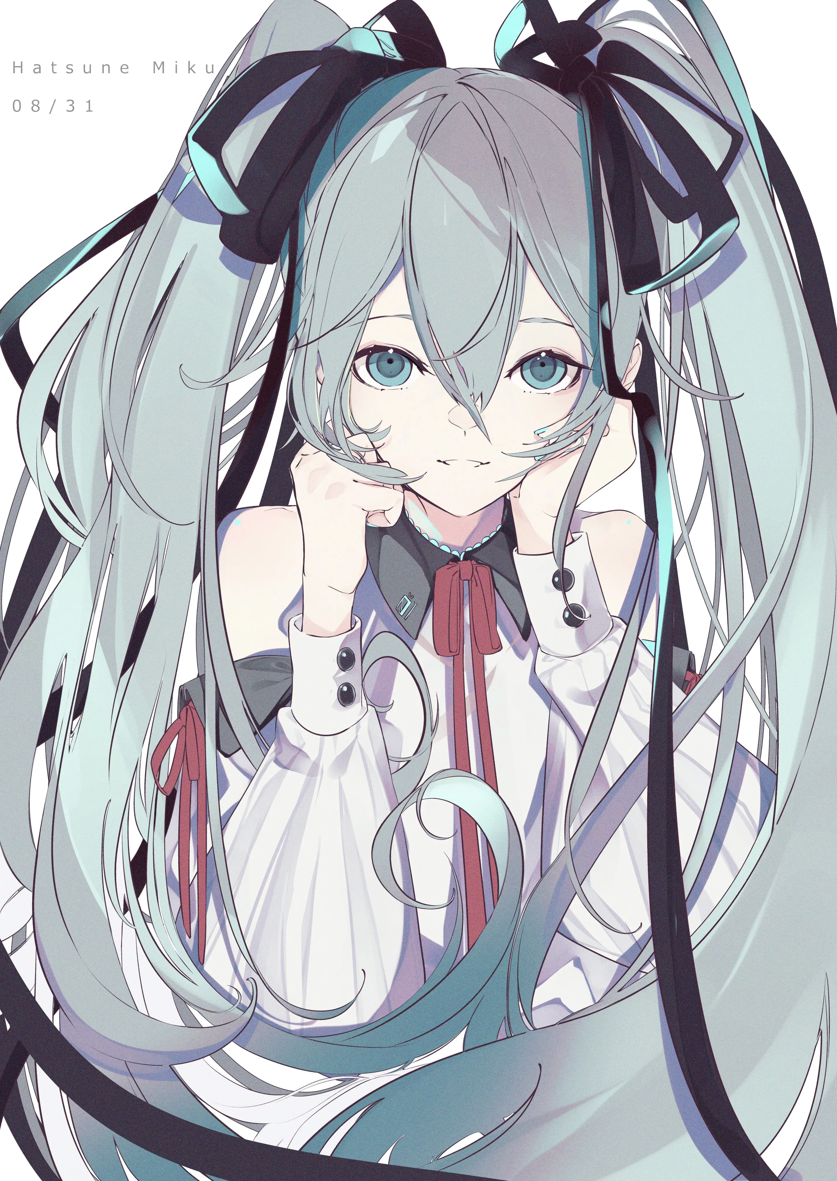 1girl,detached_sleeves,ribbon,upper_body,bangs,solo,hands_up,hands_on_own_face,twintails,character_name,hair_ribbon,hair_between_eyes,very_long_hair,simple_background,aqua_hair,aqua_eyes,white_background,white_shirt,looking_at_viewer,vertical,smile,red_ribbon,blue_hair,blue_eyes,shirt,long_hair,long_sleeves,bare_shoulders,neck_ribbon,black_ribbon