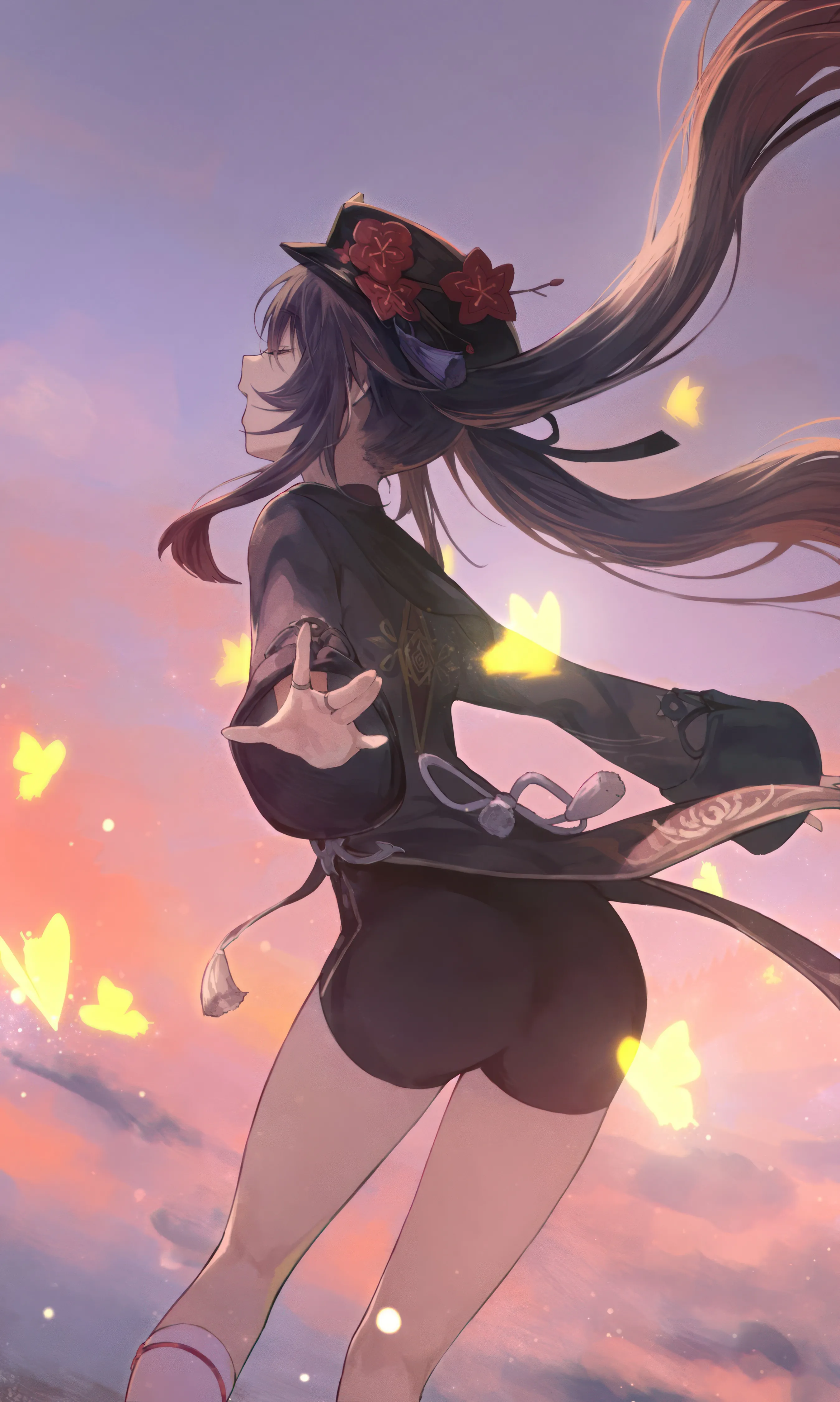 1girl,chinese_clothes,cloud,solo,kneehighs,closed_eyes,twintails,coat,thighs,sky,ass,hat_flower,hat,very_long_hair,ring,outdoors,sunset,plum_blossoms,brown_hair,tassel,coattails,jewelry,white_socks,shorts,vertical,standing,smile,red_flower,from_behind,bug,butterfly,shirt,socks,porkpie_hat,long_hair,long_sleeves,floating_hair,flower,black_headwear,black_nails,black_shorts