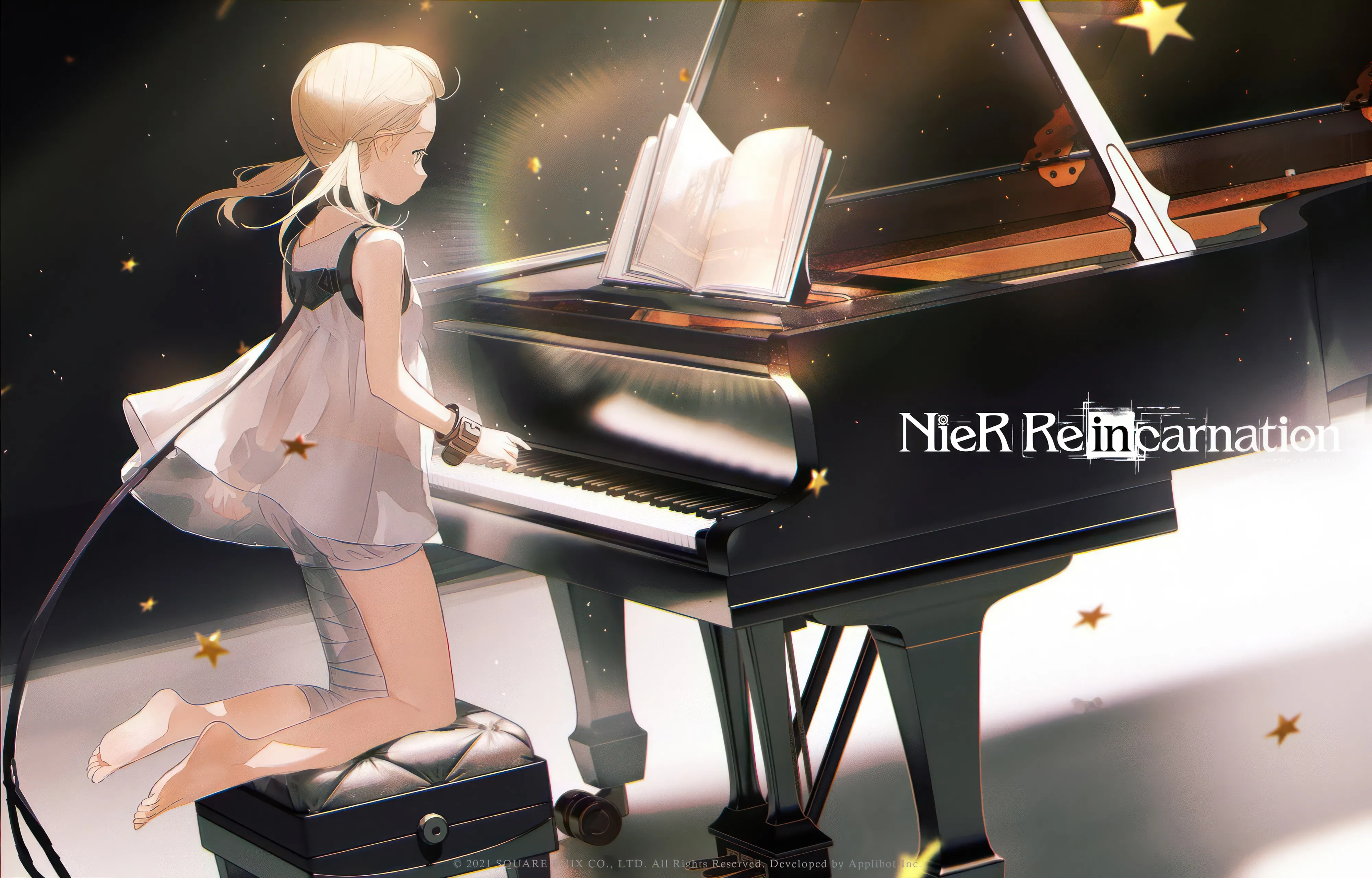 1girl,instrument,book,low_twintails,see-through,solo,closed_eyes,twintails,sleeveless,sleeveless_dress,star_symbol,horizontal,white_dress,cable,bandaged_leg,bandages,open_book,english_text,barefoot,kneeling,dress,see-through_dress,blonde_hair,piano,long_hair,bare_shoulders,music