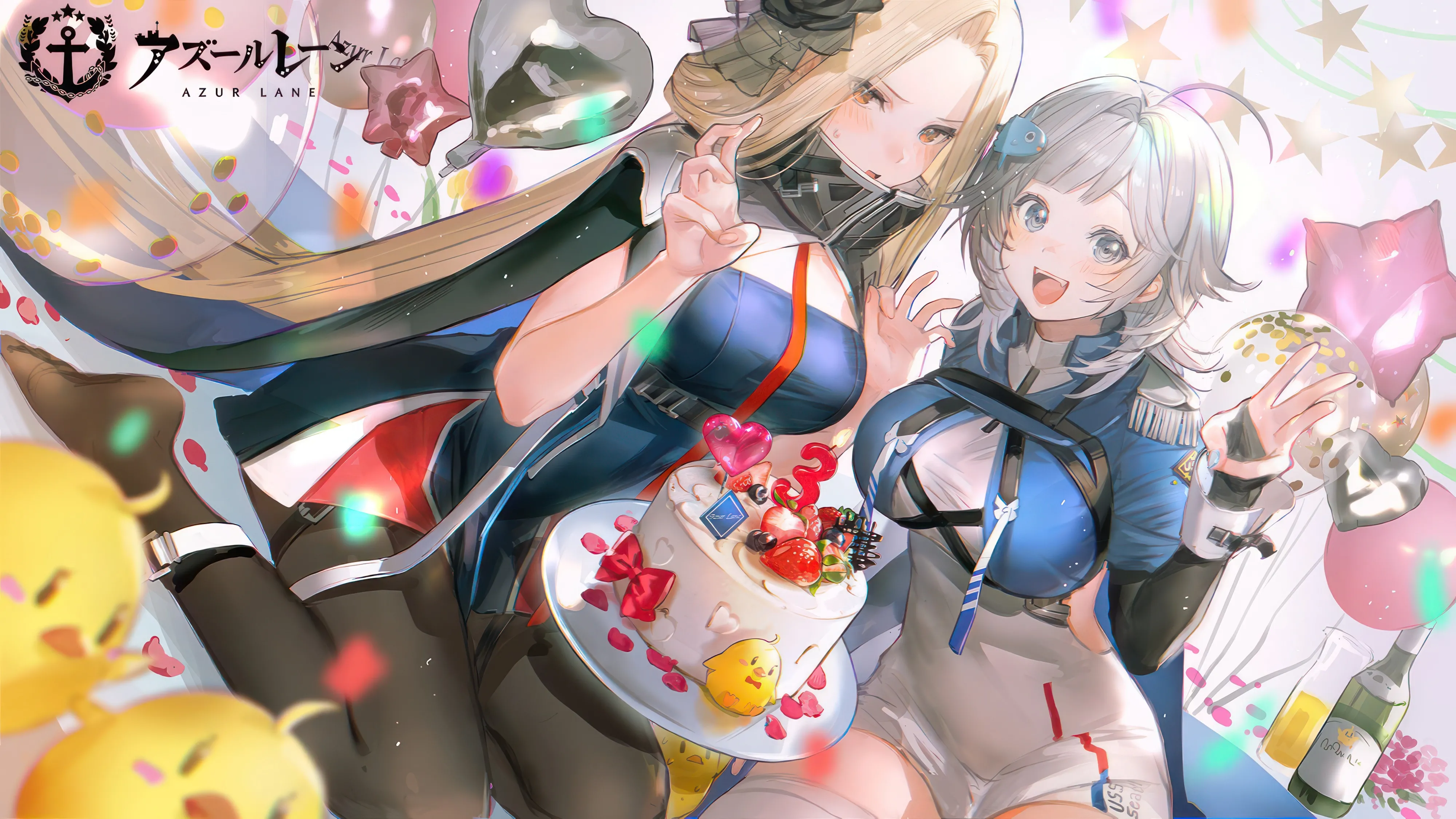 2girls,breasts,parted_bangs,bangs,hands_up,ahoge,sitting,multiple_girls,thigh_strap,hair_ornament,sidelocks,chick,open_mouth,very_long_hair,parted_lips,heart,heart_balloon,holding,cloak,strapless,sleeveless,sleeveless_dress,star_symbol,collared_dress,brown_eyes,horizontal,balloon,fruit,no_shoes,grey_hair,grey_eyes,rose,bottle,white_dress,looking_at_viewer,short_hair,smile,red_necktie,anniversary,taut_clothes,taut_dress,epaulettes,blush,blue_cloak,blue_eyes,blue_dress,cake,skindentation,large_breasts,thighhighs,short_dress,dress,pantyhose,blonde_hair,long_hair,long_sleeves,necktie,forehead,food,high_collar,fish_hair_ornament,flower,bird,black_rose,black_flower,black_pantyhose