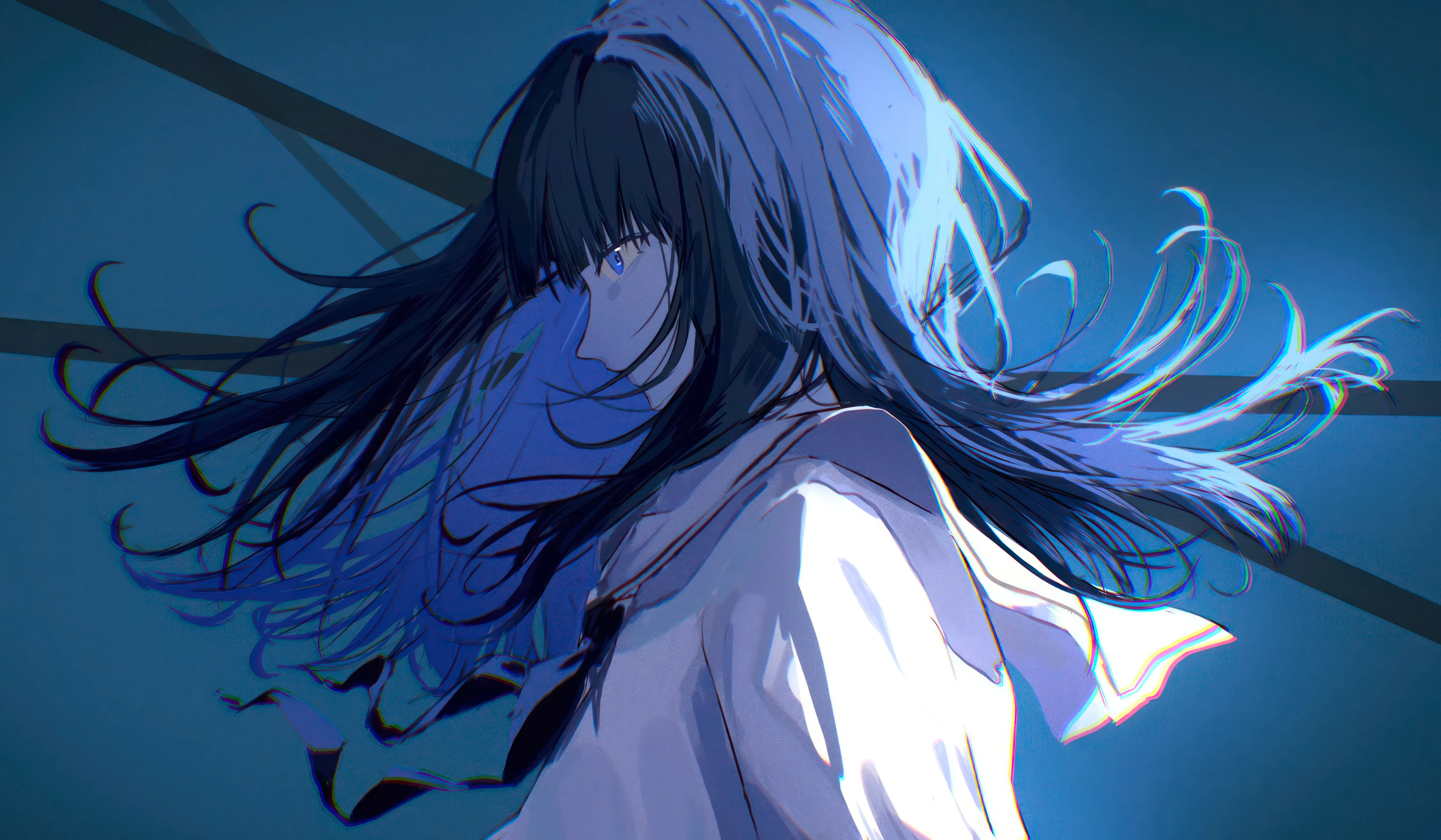 1girl,neckerchief,upper_body,from_side,profile,looking_down,bangs,solo,closed_mouth,school_uniform,horizontal,serafuku,sailor_collar,white_sailor_collar,white_shirt,blue_theme,blue_eyes,shirt,long_hair,wind,floating_hair,black_neckerchief,black_hair