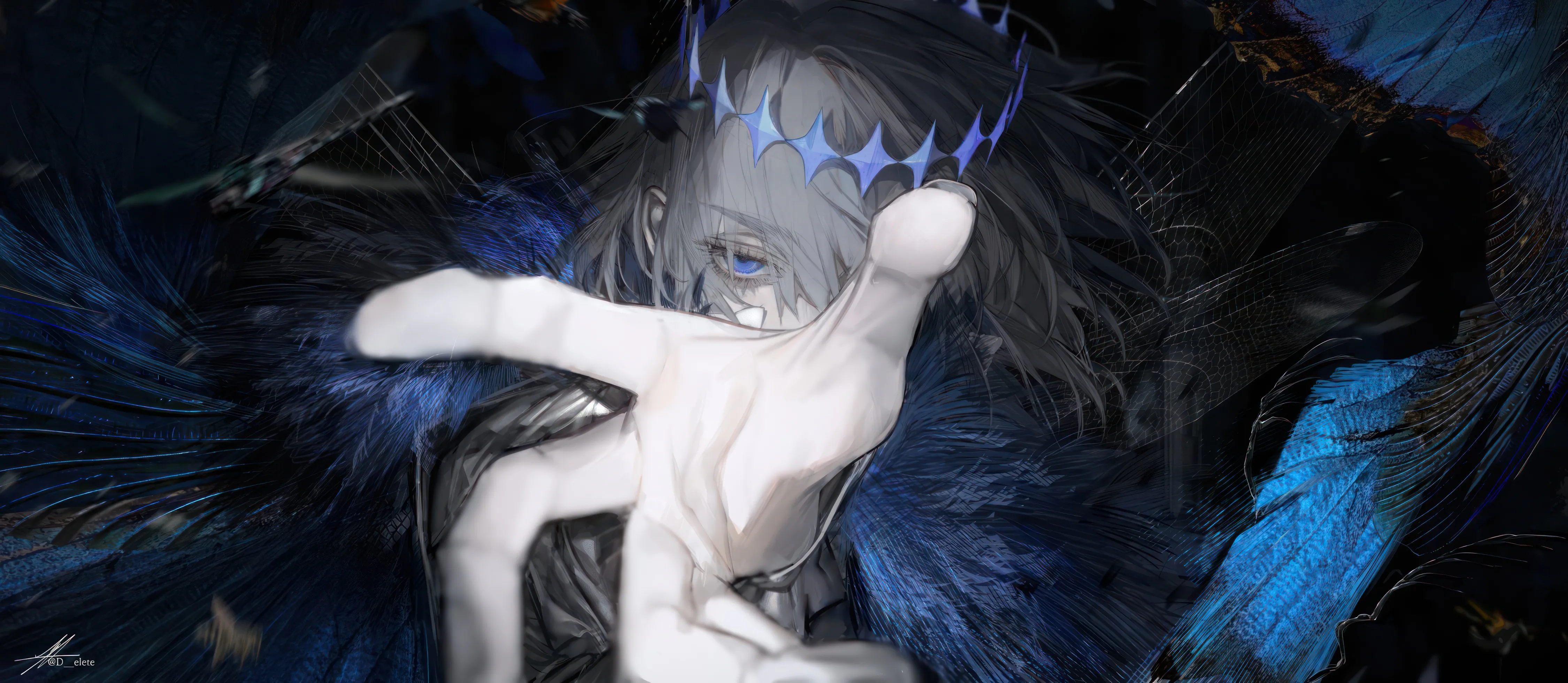 1boy,one_eye_covered,medium_hair,upper_body,bangs,solo,reaching_towards_viewer,hair_over_one_eye,official_alternate_costume,cape,pointing_at_viewer,insect_wings,horizontal,fur_trim,fur-trimmed_cape,grey_hair,male_focus,white_shirt,crown,looking_at_viewer,signature,wings,blue_eyes,shirt,long_sleeves