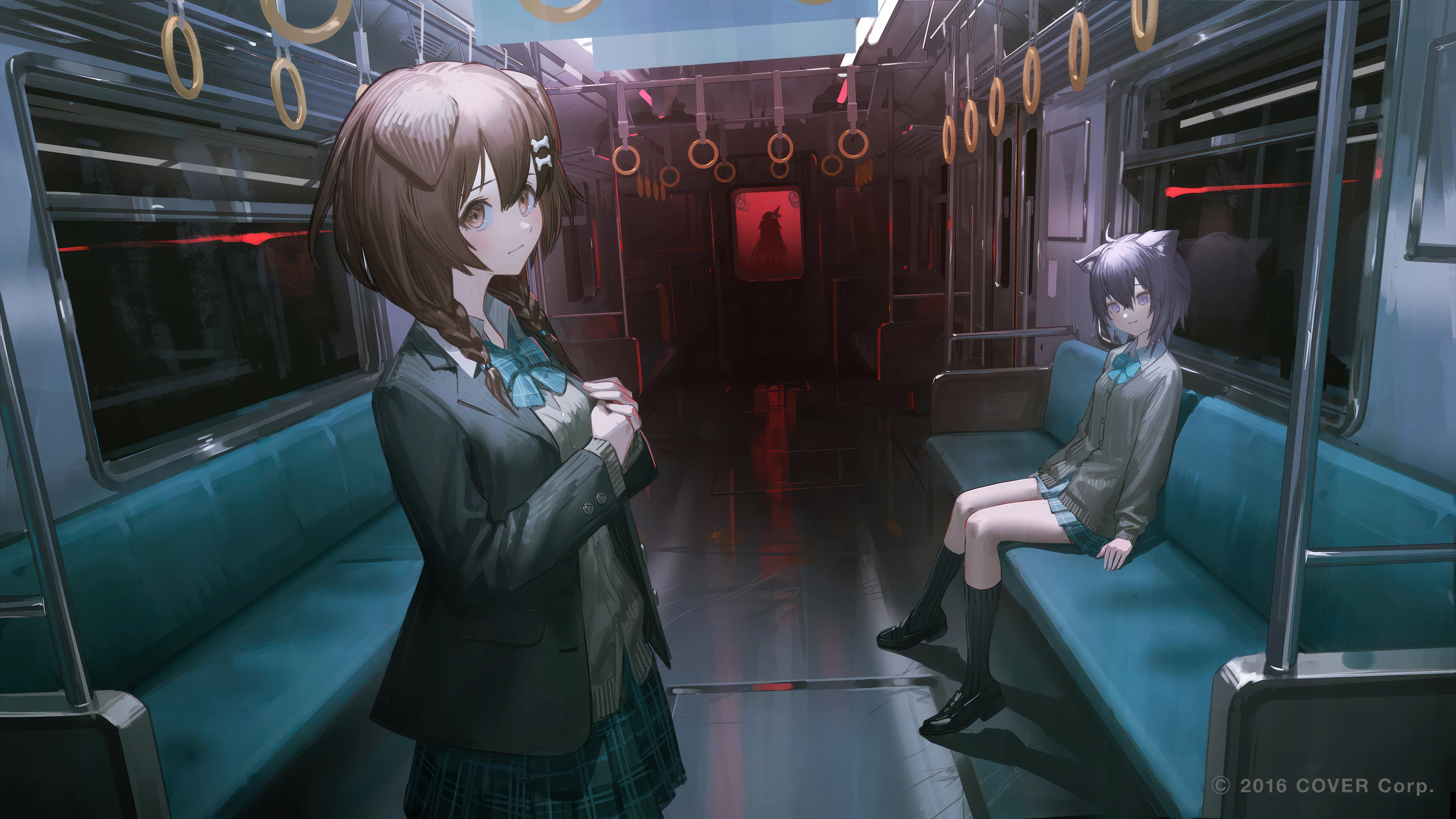 2girls,virtual_youtuber,braid,twin_braids,loafers,low_twin_braids,animal_ears,train_interior,bangs,kneehighs,closed_mouth,sitting,multiple_girls,hair_ornament,jacket,indoors,seat,hair_between_eyes,cardigan,collared_shirt,school_uniform,plaid,plaid_skirt,plaid_bowtie,brown_hair,brown_eyes,horizontal,dog_girl,dog_ears,cat_ears,white_shirt,pleated_skirt,looking_at_viewer,short_hair,skirt,alternate_costume,purple_hair,purple_eyes,animal_ear_fluff,blush,blue_skirt,blue_bow,blue_bowtie,bow,shirt,socks,blazer,open_jacket,open_clothes,miniskirt,long_hair,long_sleeves,shoes,bowtie,bone_hair_ornament,black_jacket,black_footwear