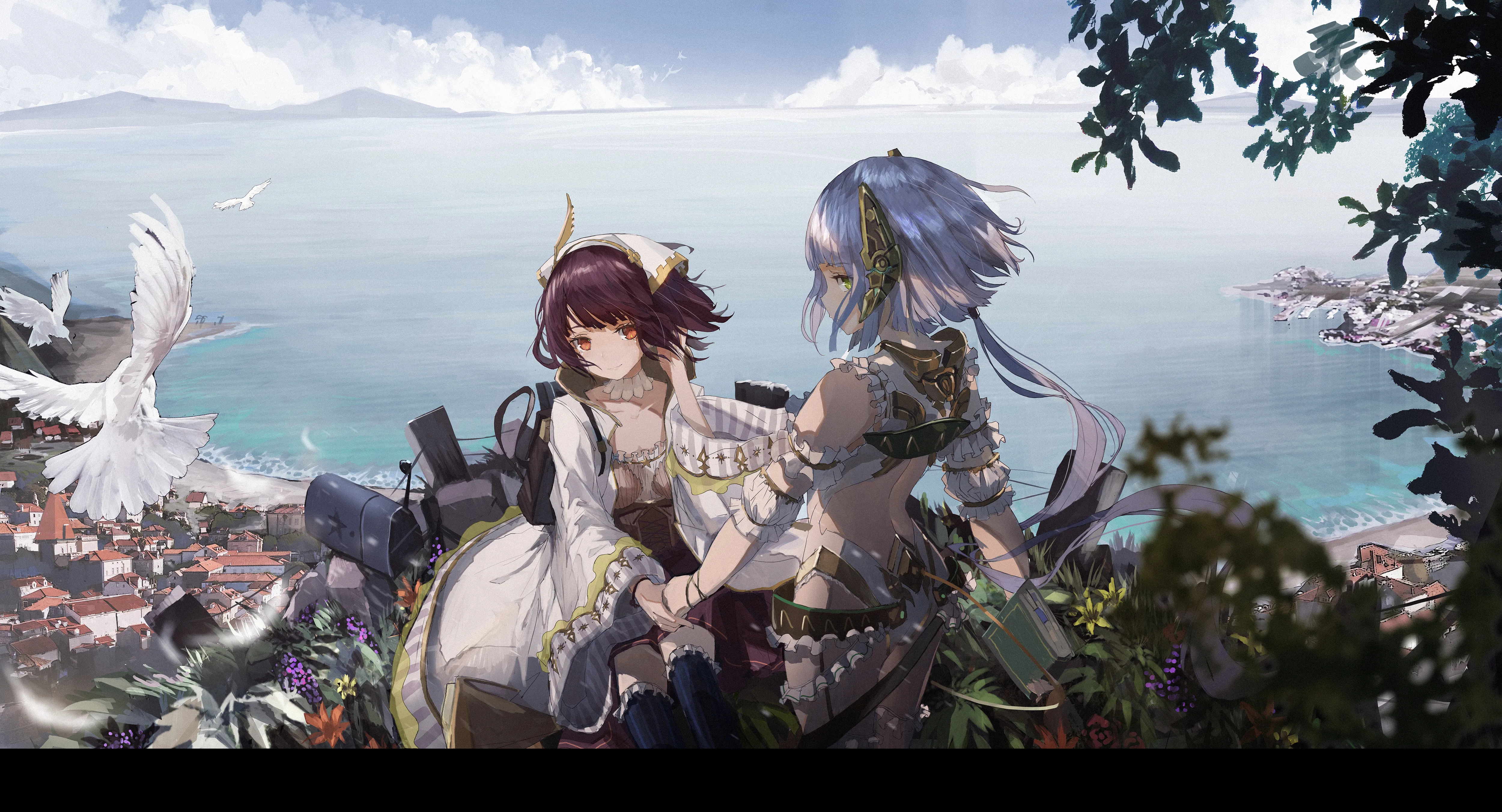 2girls,cloud,multiple_girls,sky,hair_ornament,outdoors,gun,brown_hair,brown_eyes,horizontal,weapon,ocean,day,short_hair,skirt,smile,red_eyes,long_hair,bare_shoulders,scenery,bird