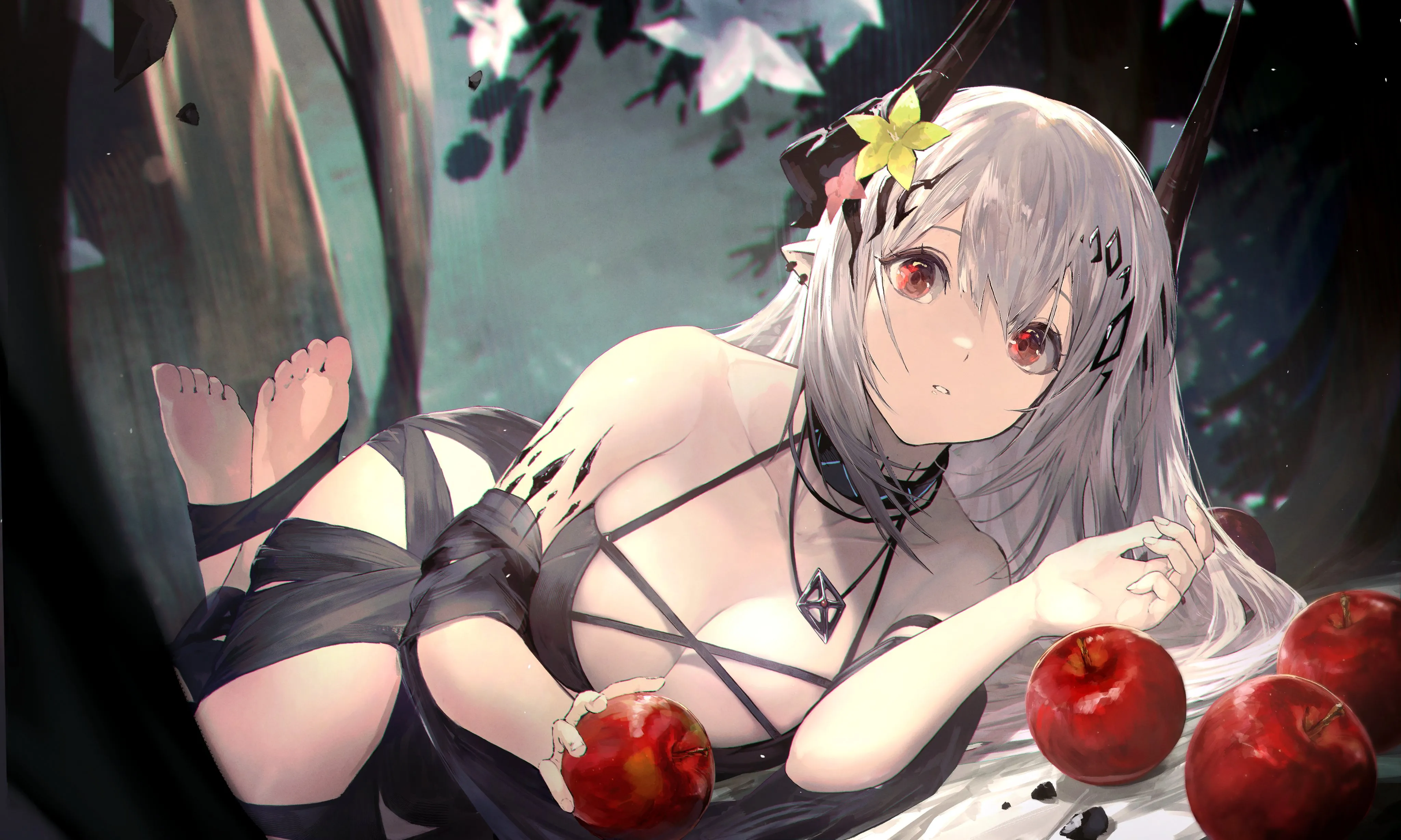 1girl,breasts,cleavage,on_side,bangs,solo,hair_flower,hair_ornament,pointy_ears,official_alternate_costume,parted_lips,holding,holding_fruit,holding_food,horizontal,bikini,fruit,swimsuit,grey_hair,jewelry,white_hair,looking_at_viewer,red_eyes,feet,soles,toes,apple,barefoot,horns,lying,large_breasts,long_hair,bare_shoulders,choker,collar,necklace,food,flower,yellow_flower,black_ribbon,black_bikini