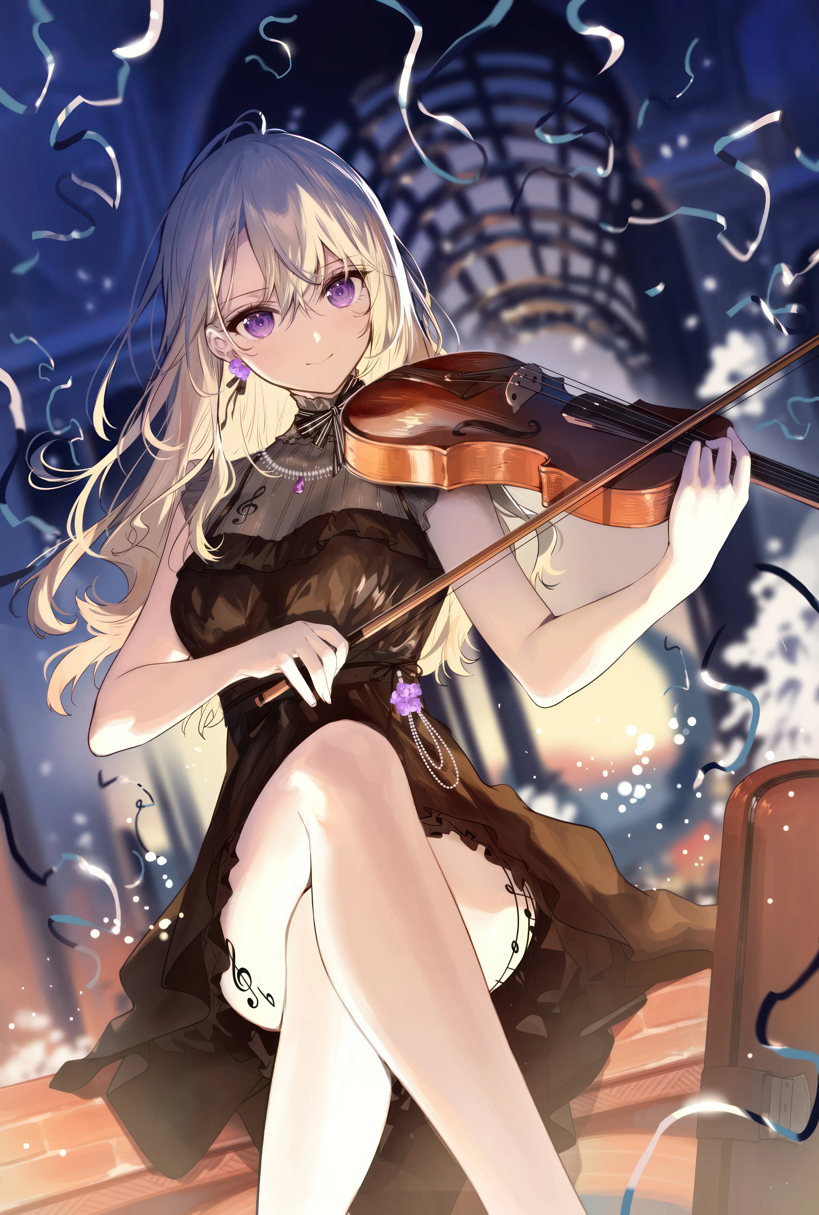 1girl,instrument,breasts,crossed_legs,bangs,solo,closed_mouth,sitting,violin,hair_between_eyes,holding_instrument,holding,sleeveless,sleeveless_dress,blurry,blurry_background,playing_instrument,jewelry,bow_music,looking_at_viewer,vertical,smile,purple_eyes,earrings,dress,blonde_hair,long_hair,music,necklace,black_dress