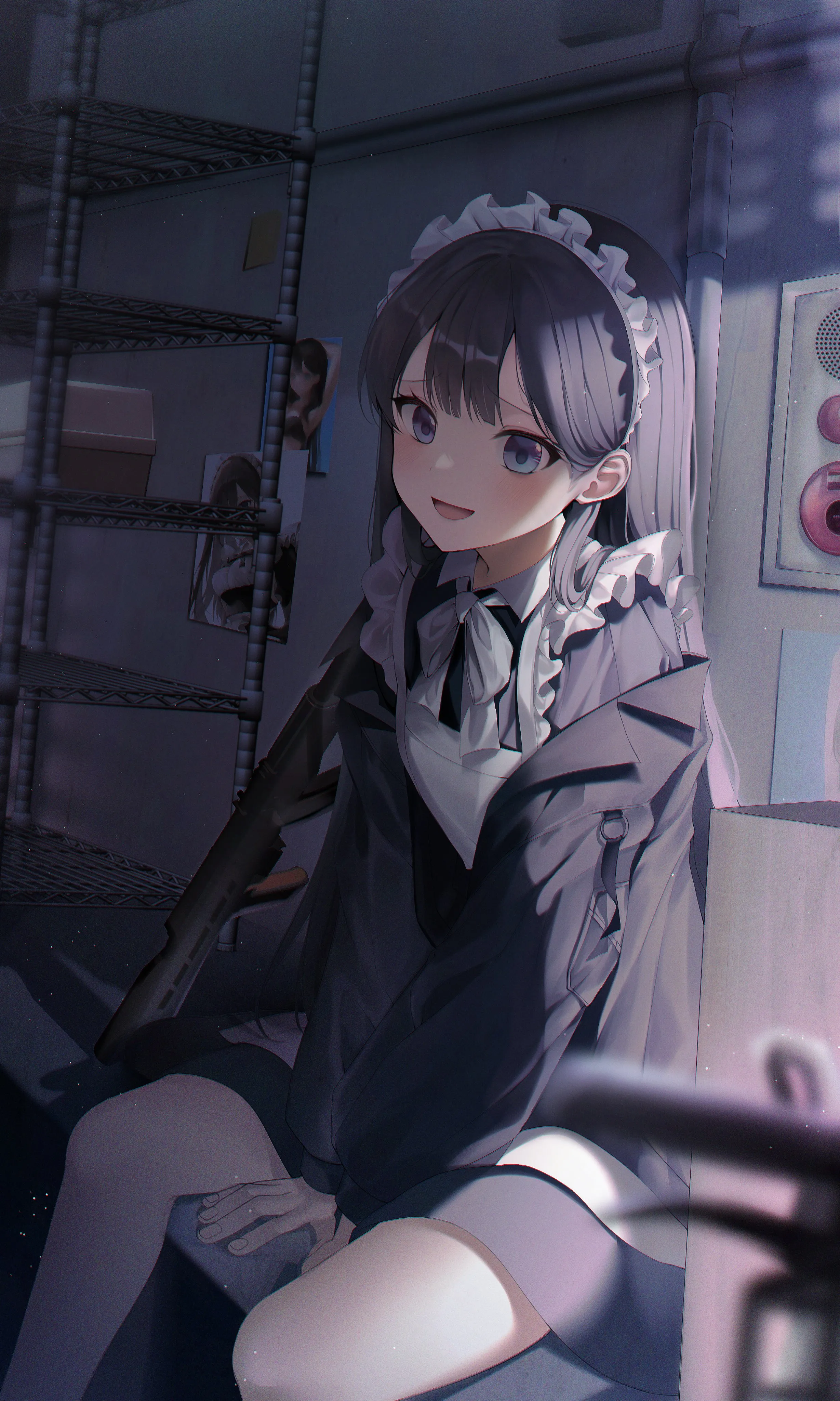 1girl,between_legs,bangs,blurry_foreground,solo,apron,sitting,jacket,maid,maid_apron,maid_headdress,indoors,open_mouth,hand_between_legs,gun,blurry,rifle,weapon,white_apron,looking_at_viewer,vertical,smile,blush,frills,blue_eyes,bow,dress,long_hair,long_sleeves,black_hair,black_jacket,black_dress