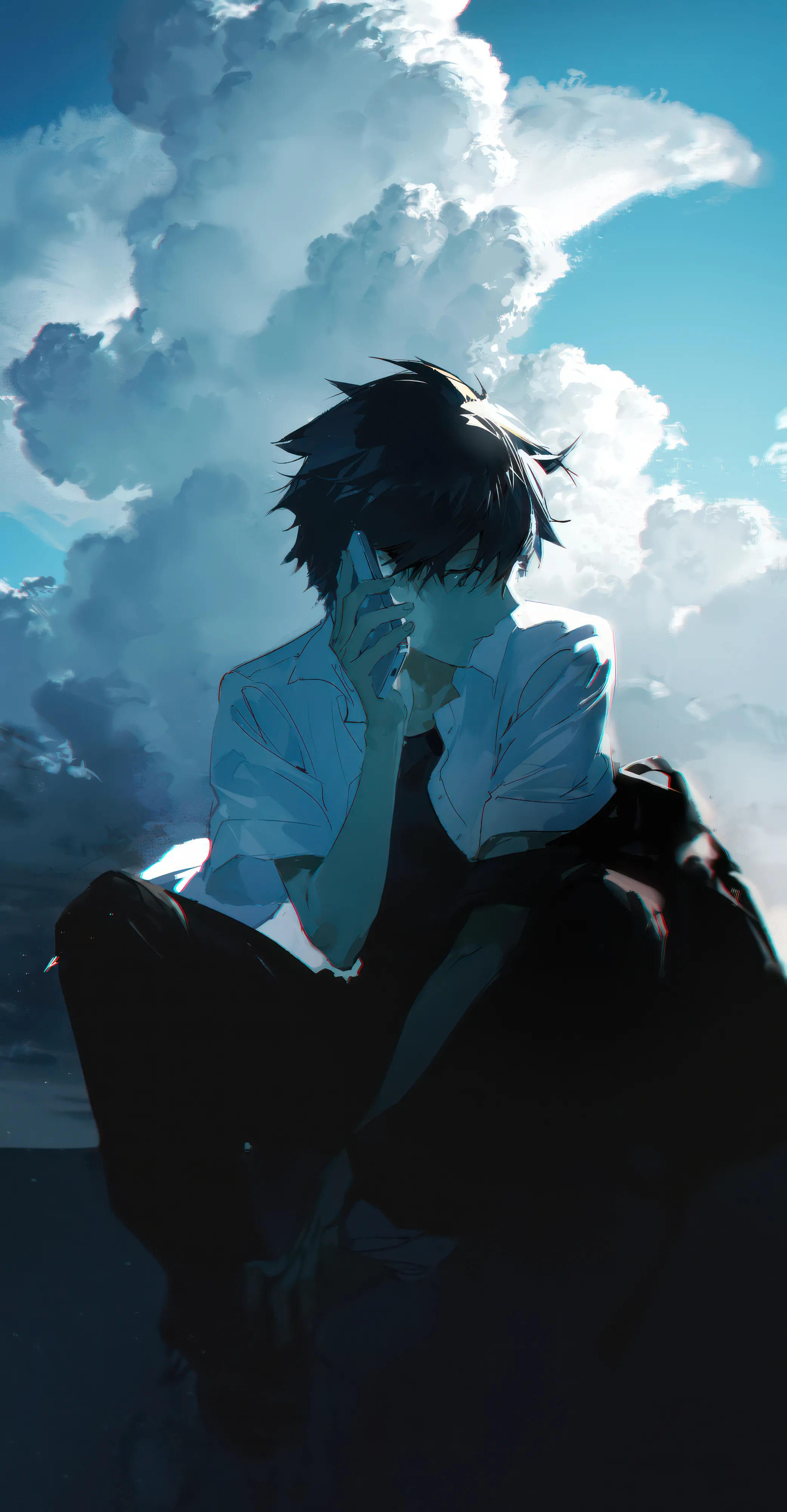 1boy,cloud,solo,closed_mouth,sitting,cloudy_sky,sky,jacket,outdoors,phone,holding_phone,holding,earphones,collared_shirt,male_focus,day,white_shirt,short_hair,short_sleeves,cellphone,vertical,blue_theme,blue_sky,shirt,pants,open_clothes,black_hair,black_pants