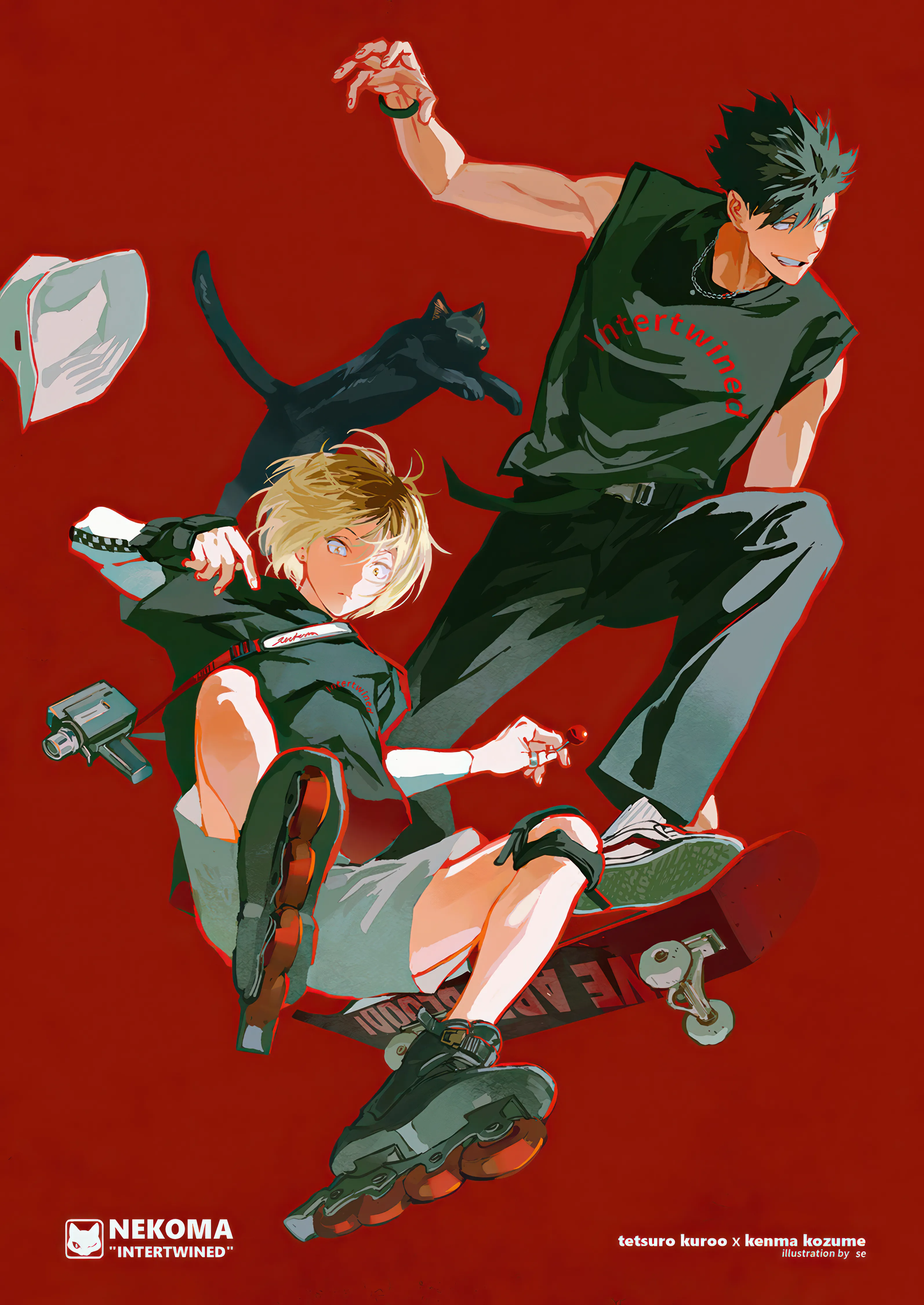 2boys,hood,animal,multiple_boys,hat,sleeveless,roller_skates,simple_background,hood_down,skateboard,cat,jewelry,male_focus,belt,short_hair,shorts,vertical,smile,red_background,english_text,blue_eyes,shirt,pants,jumping,sneakers,blonde_hair,long_sleeves,shoes,necklace,black_hair,black_cat,black_shirt,black_pants