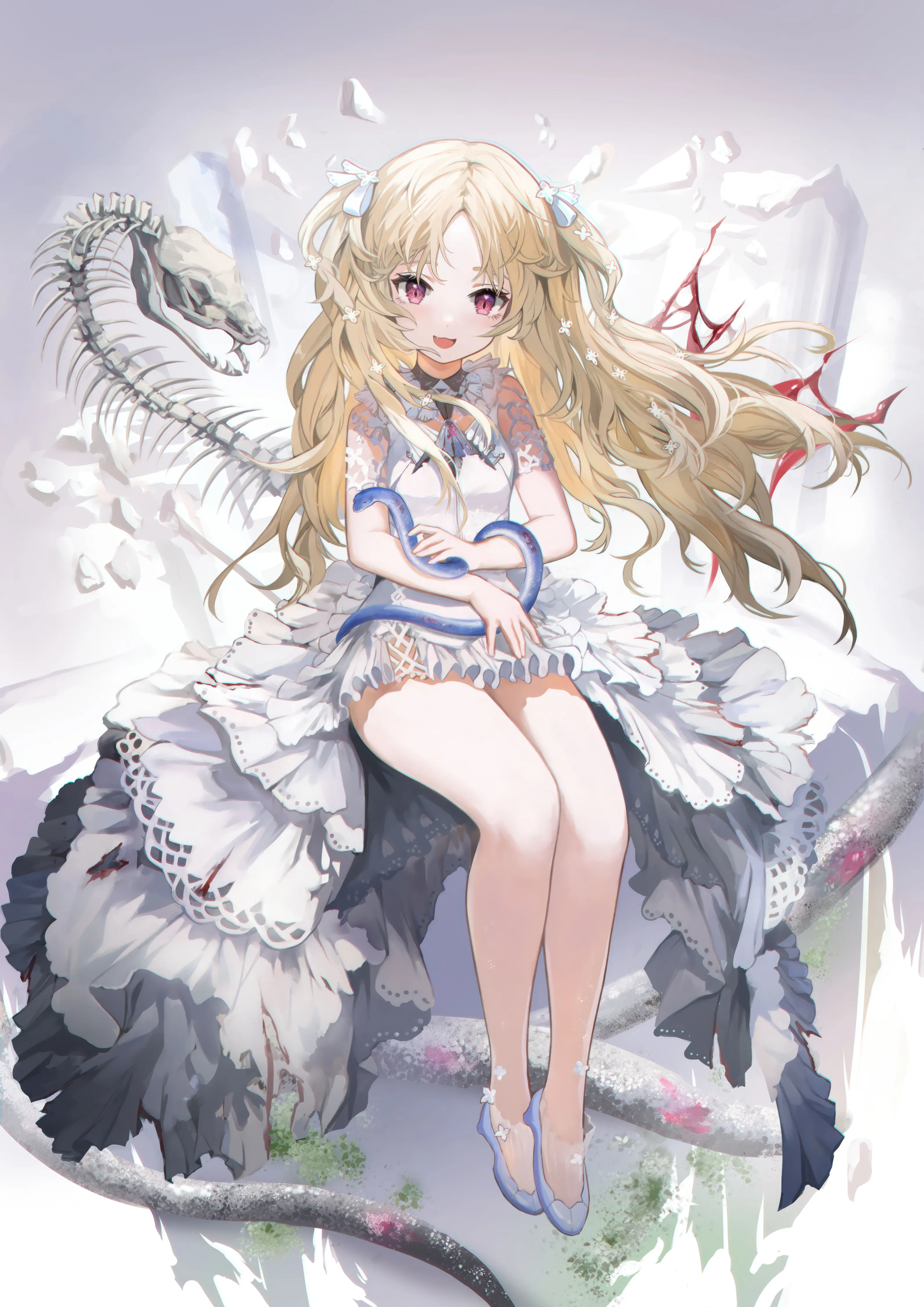 1girl,ribbon,parted_bangs,full_body,bangs,solo,sitting,hair_ribbon,two_side_up,open_mouth,white_dress,white_footwear,looking_at_viewer,vertical,smile,red_eyes,blush,bare_legs,dress,blonde_hair,long_hair,skeleton