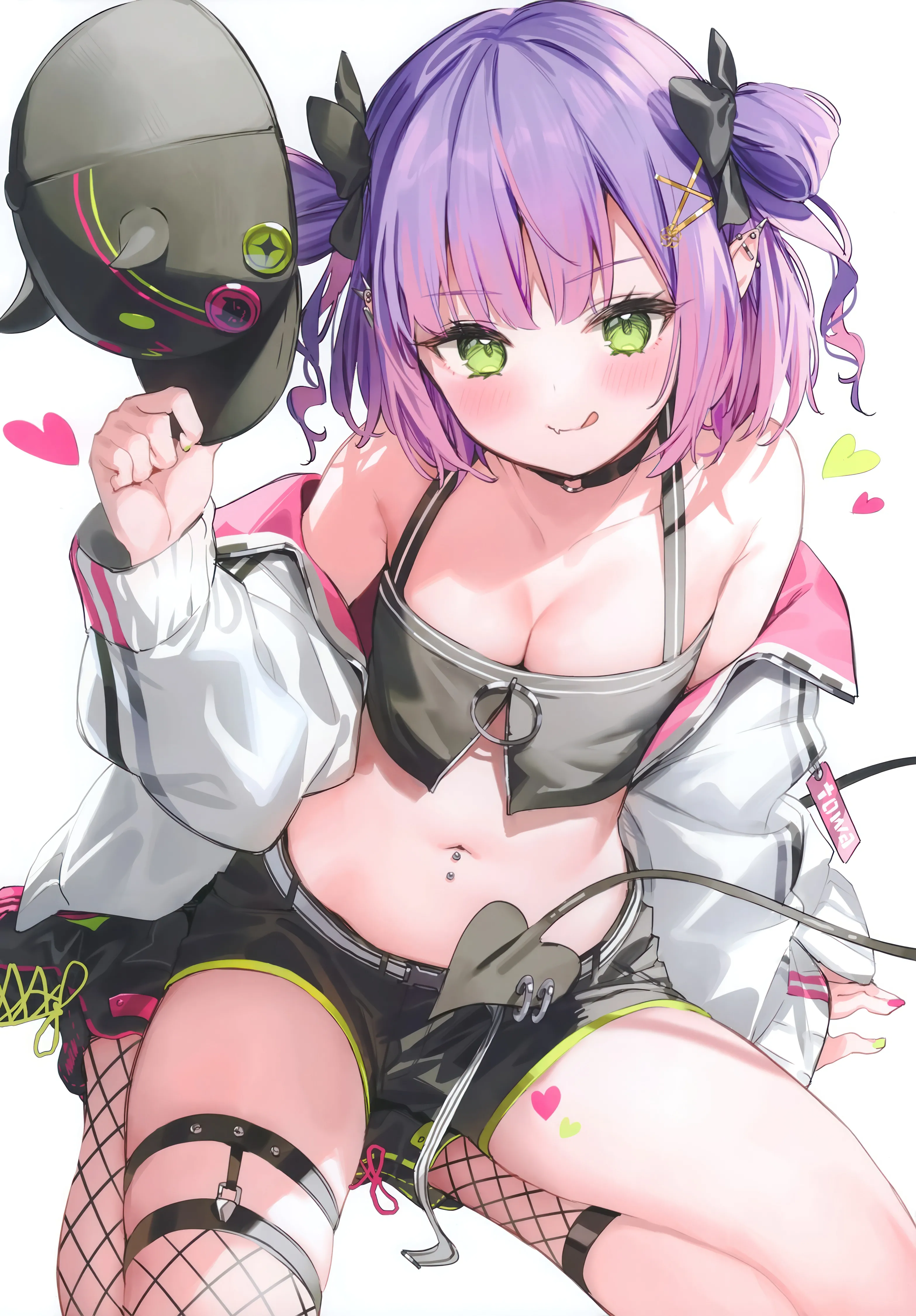 1girl,virtual_youtuber,asymmetrical_legwear,medium_breasts,breasts,cleavage,bangs,solo,single_thighhigh,hairclip,legwear_garter,tongue_out,closed_mouth,sitting,multicolored_hair,thighs,thigh_strap,hair_ornament,sidelocks,jacket,pointy_ears,two_side_up,stomach,tail,tail_ornament,o-ring,hat,heart,demon_tail,holding_hat,holding,holding_clothes,nail_polish,streaked_hair,headwear_removed,hat_removed,simple_background,baseball_cap,fishnets,white_jacket,white_background,looking_at_viewer,short_hair,shorts,tail_piercing,piercing,ear_piercing,vertical,smile,pink_hair,short_shorts,purple_hair,green_eyes,navel,navel_piercing,blush,tongue,thighhighs,collarbone,long_sleeves,midriff,bare_shoulders,off_shoulder,crop_top,shoes,choker,fishnet_thighhighs,black_headwear,black_shorts,black_footwear,black_choker