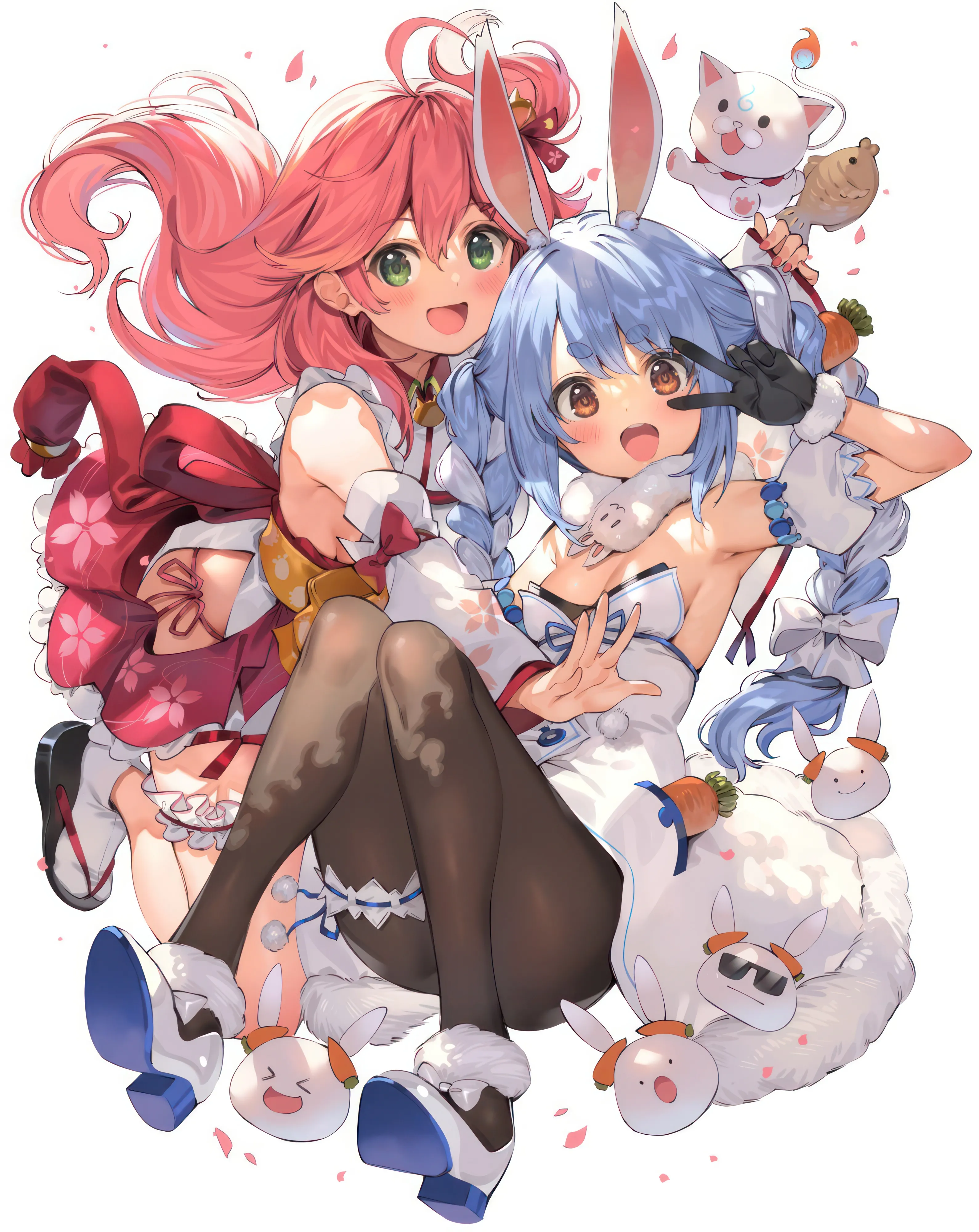 2girls,virtual_youtuber,braid,detached_sleeves,twin_braids,arm_up,breasts,upper_teeth_only,rabbit_ears,animal_ears,bangs,two-tone_hair,twintails,creature,ahoge,coat,multiple_girls,multicolored_hair,hair_ornament,hair_bell,hair_between_eyes,open_mouth,gloves,strapless,strapless_dress,japanese_clothes,simple_background,brown_eyes,cherry_blossom_print,v,fur_trim,fur-trimmed_gloves,thick_eyebrows,white_coat,white_hair,white_background,white_sleeves,white_dress,white_footwear,looking_at_viewer,short_sleeves,skirt,vertical,smile,pink_hair,leotard,fur_scarf,green_eyes,animal_ear_fluff,carrot_hair_ornament,blush,armpits,floral_print,petals,blue_hair,puffy_short_sleeves,puffy_sleeves,bow,hair_bow,socks,bridal_garter,short_eyebrows,small_breasts,dress,pantyhose,bell,long_hair,bare_shoulders,shoes,food-themed_hair_ornament,black_gloves,black_pantyhose