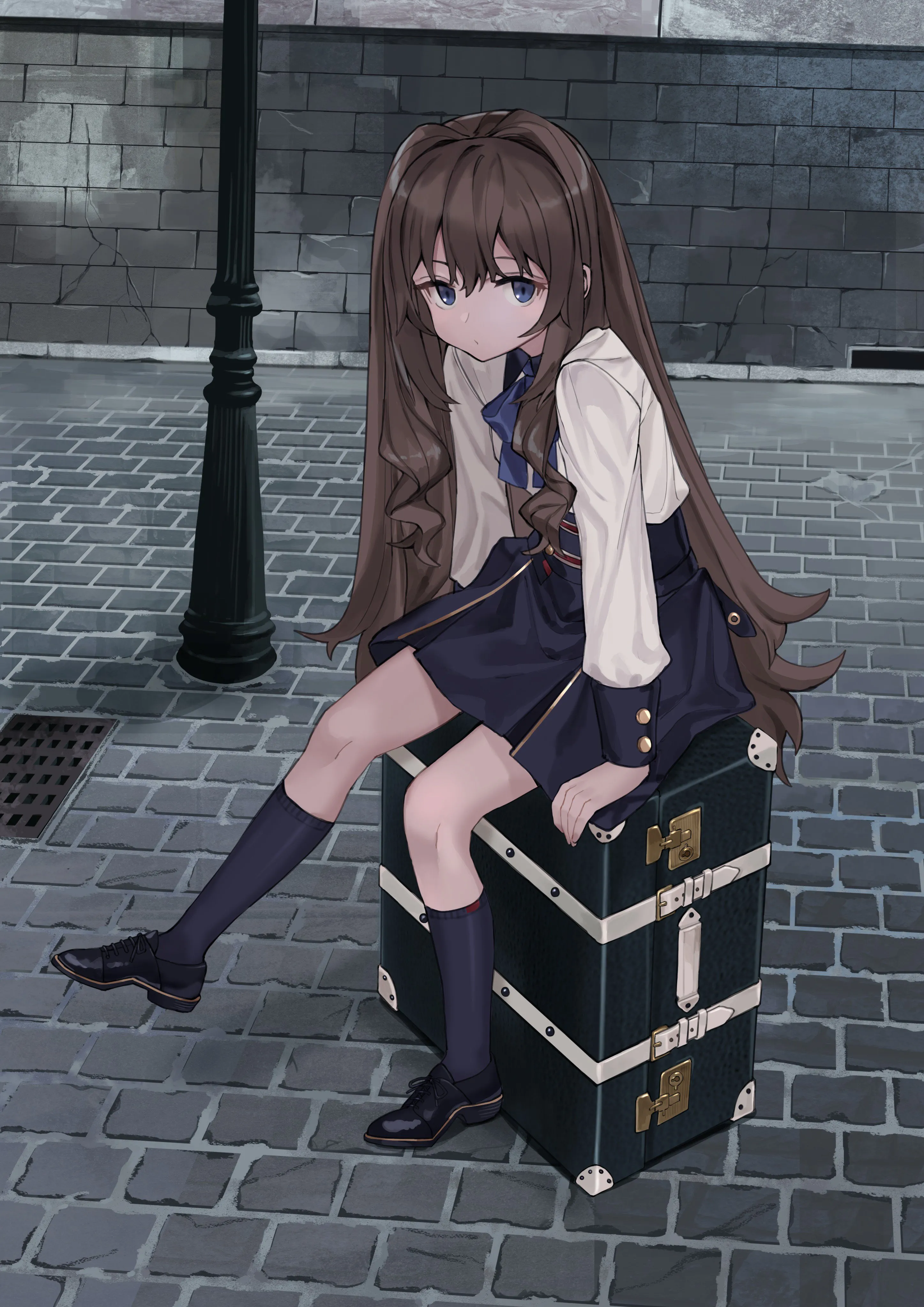 1girl,loafers,full_body,bangs,solo,kneehighs,closed_mouth,sitting,very_long_hair,outdoors,suitcase,brown_hair,white_shirt,looking_at_viewer,skirt,brick_wall,vertical,blue_eyes,blue_socks,shirt,socks,hair_intakes,long_hair,long_sleeves,shoes,high-waist_skirt,black_skirt,black_socks,black_footwear