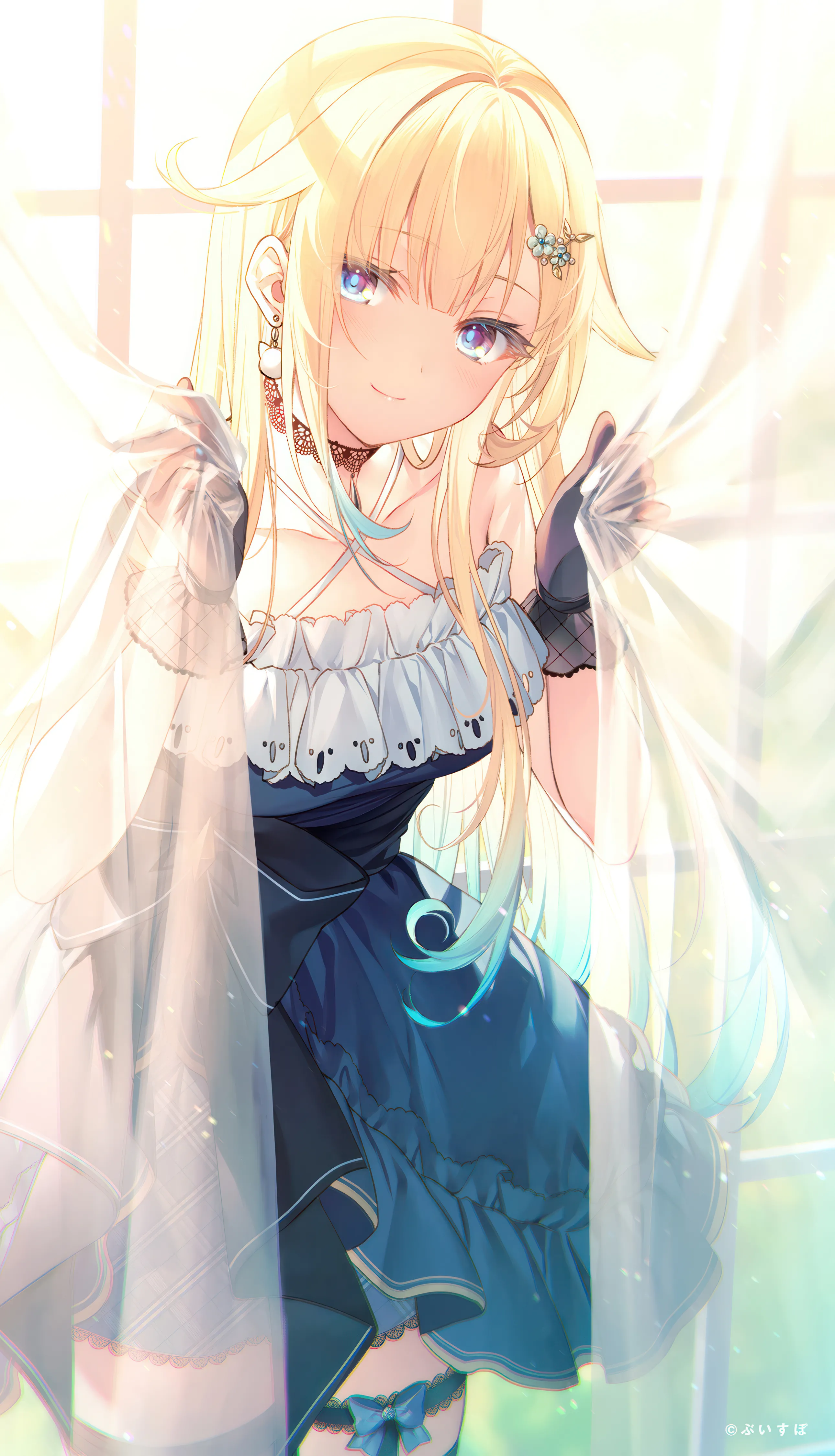 1girl,virtual_youtuber,cowboy_shot,breasts,criss-cross_halter,bangs,see-through,solo,hands_up,hairclip,closed_mouth,hair_flaps,multicolored_hair,thigh_strap,hair_ornament,very_long_hair,gloves,curtain_grab,gradient_hair,jewelry,looking_at_viewer,window,curtains,vertical,standing,smile,halterneck,earrings,blush,frills,frilled_dress,blue_hair,blue_eyes,blue_dress,bow,dress,backlighting,blonde_hair,collarbone,long_hair,bare_shoulders,halter_dress,choker,black_gloves